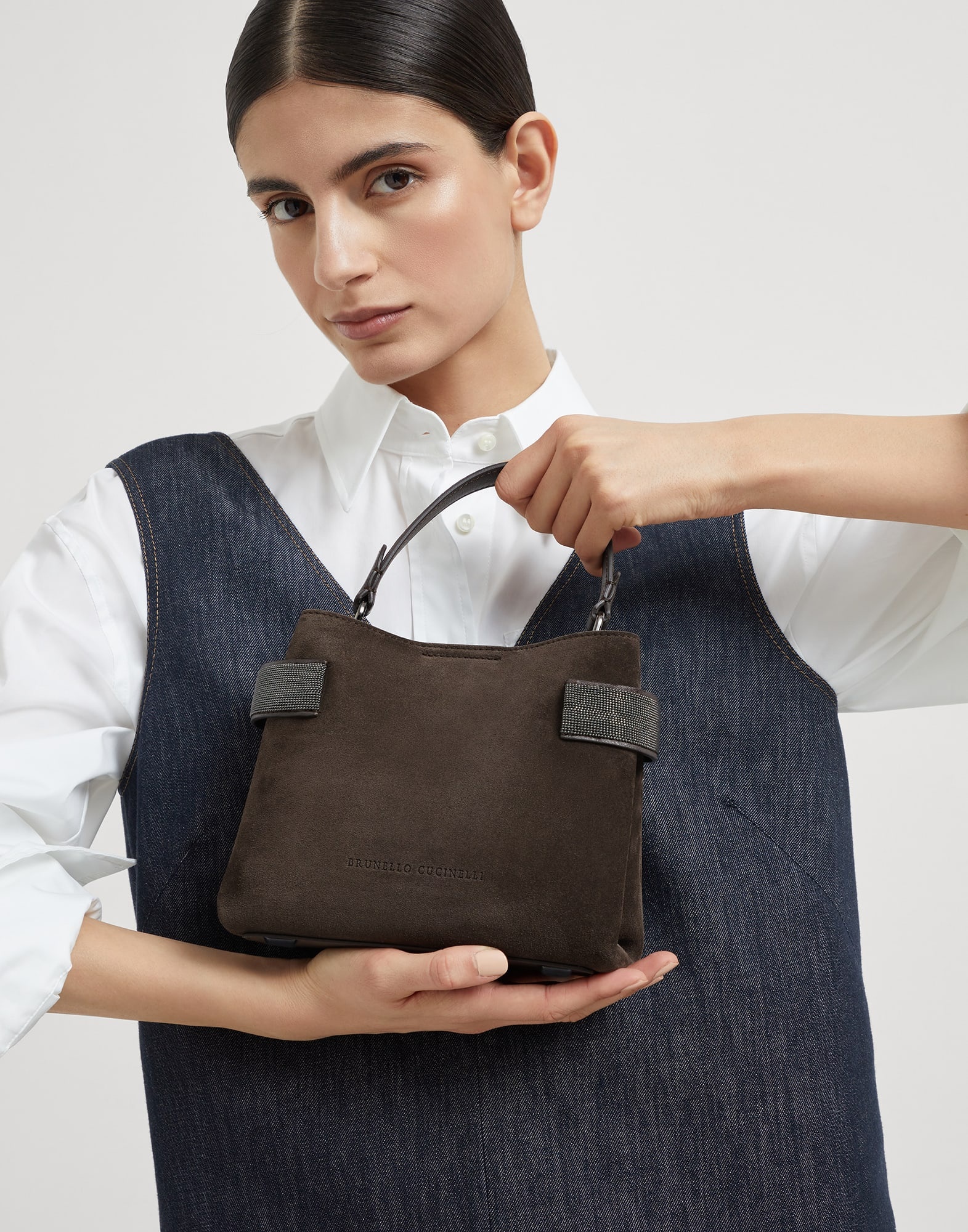 Essence small top-handle bag in suede with precious bands - 4