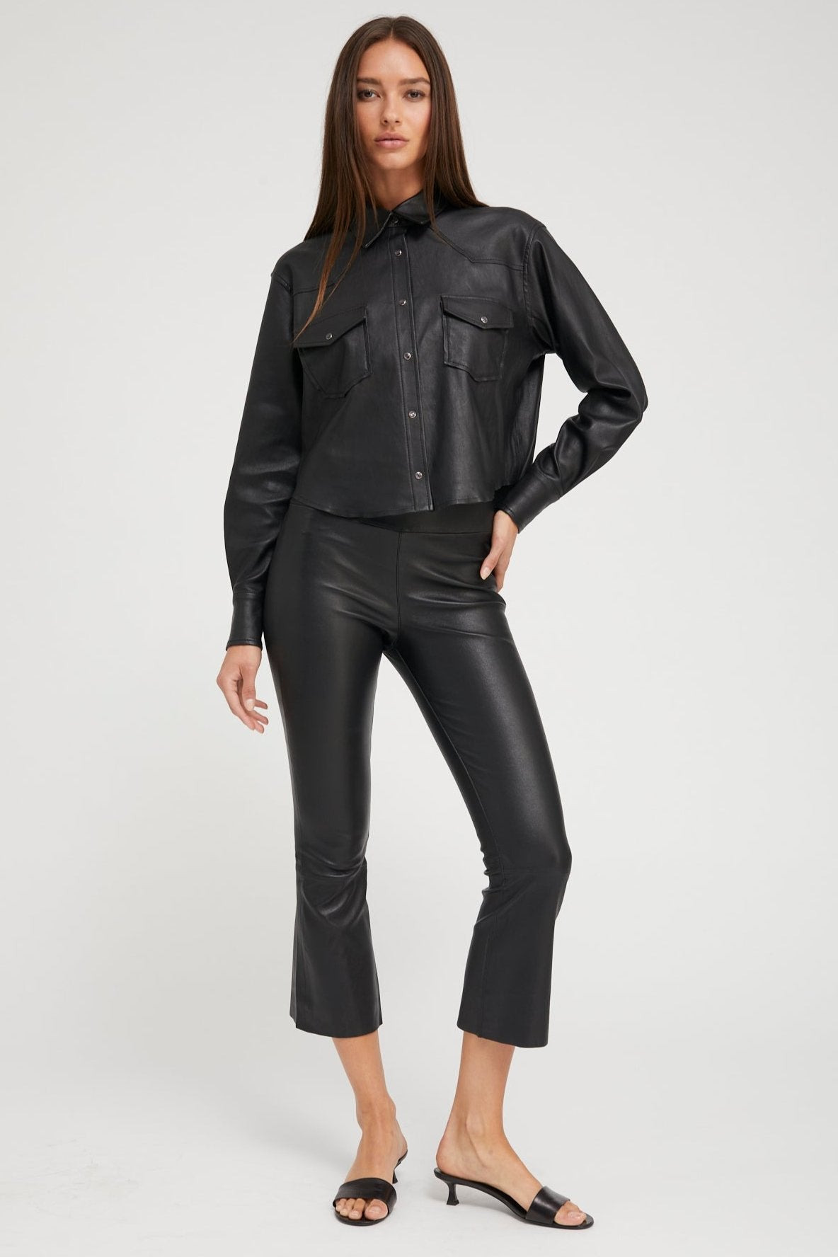 BLACK LEATHER CROPPED WESTERN BUTTON DOWN - 2