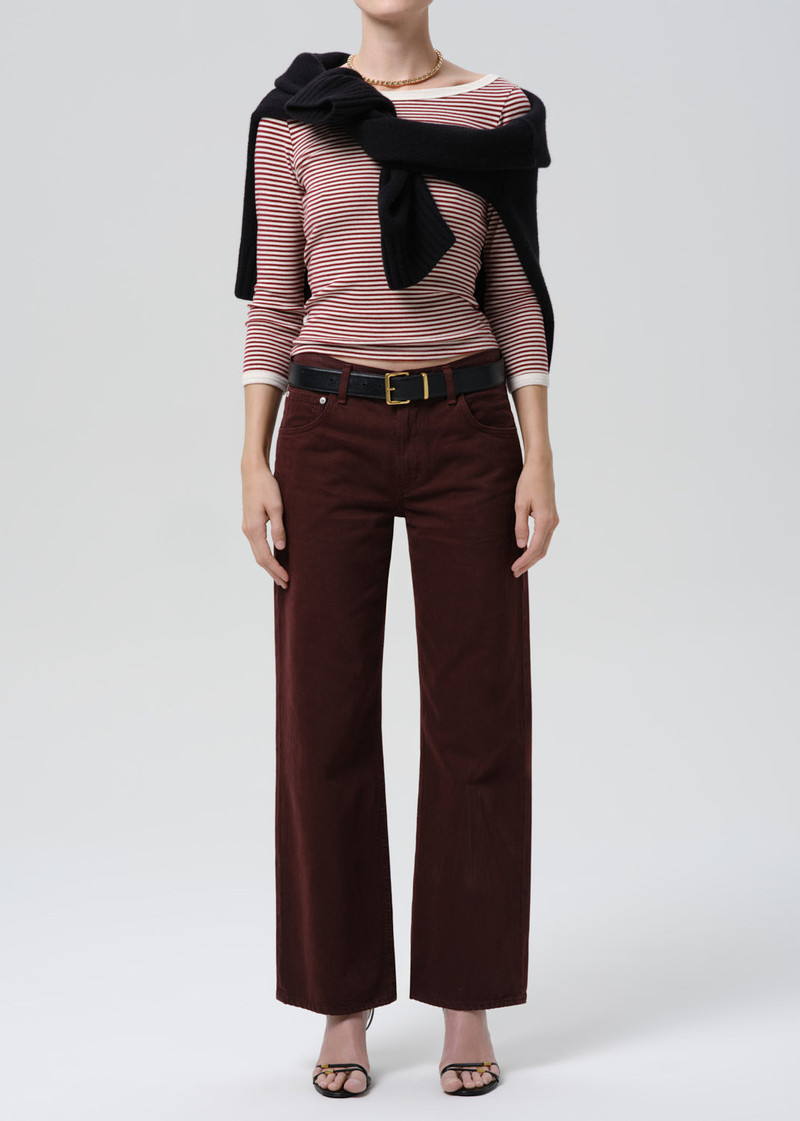 Boat Neck Slim Tee In Burgundy Cream Stripe 1