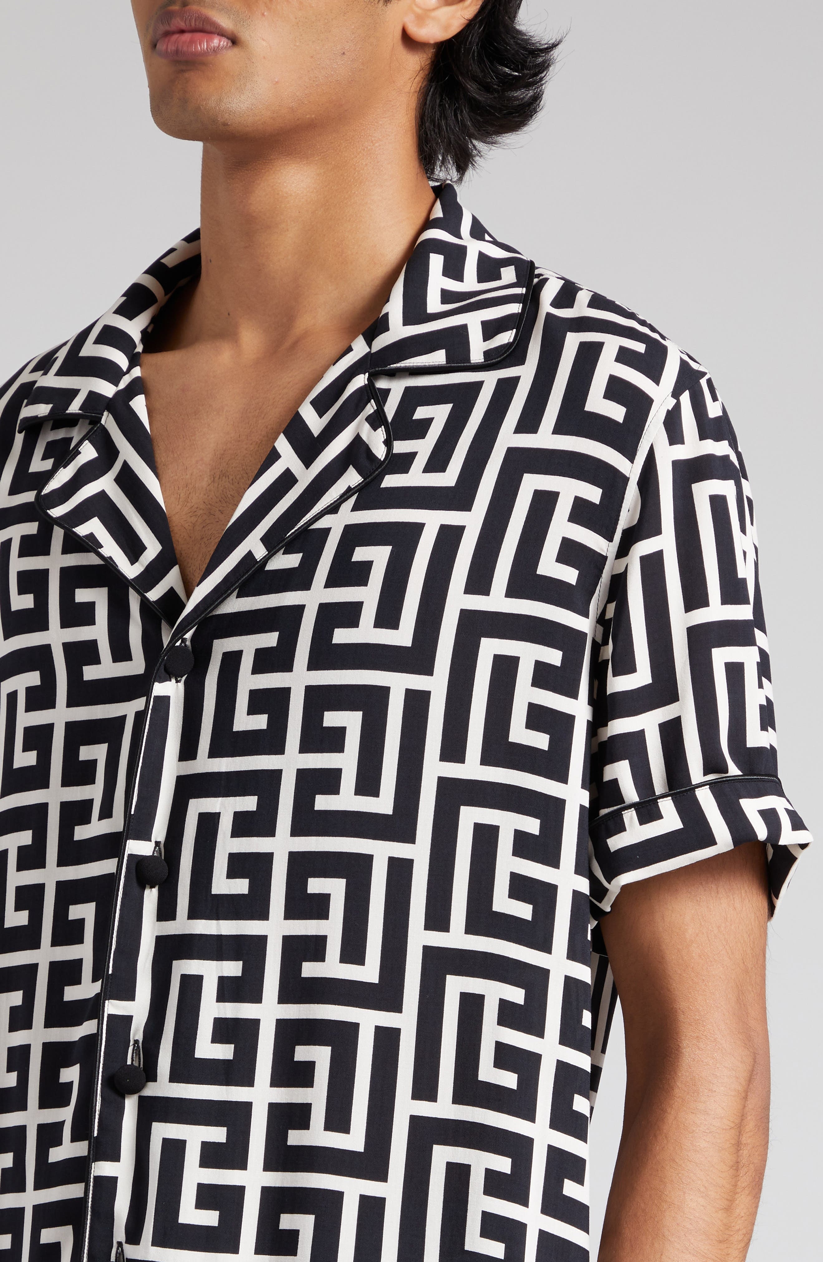 Balmain Macro Monogram Short Sleeve Pajama Shirt in Ivory/Black at Nordstrom - 5