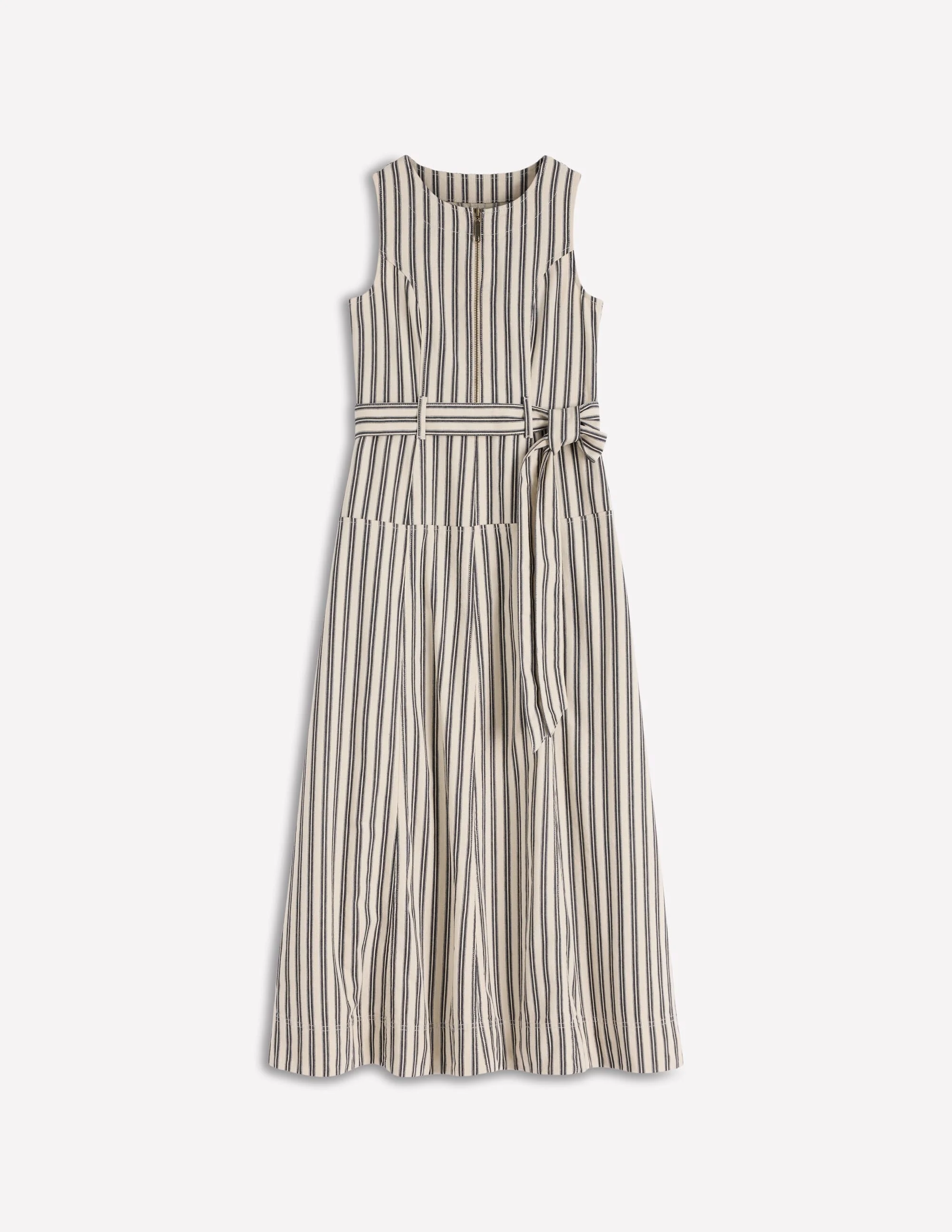 Sleeveless Zip Denim Dress-Ivory and Navy Stripe - 1
