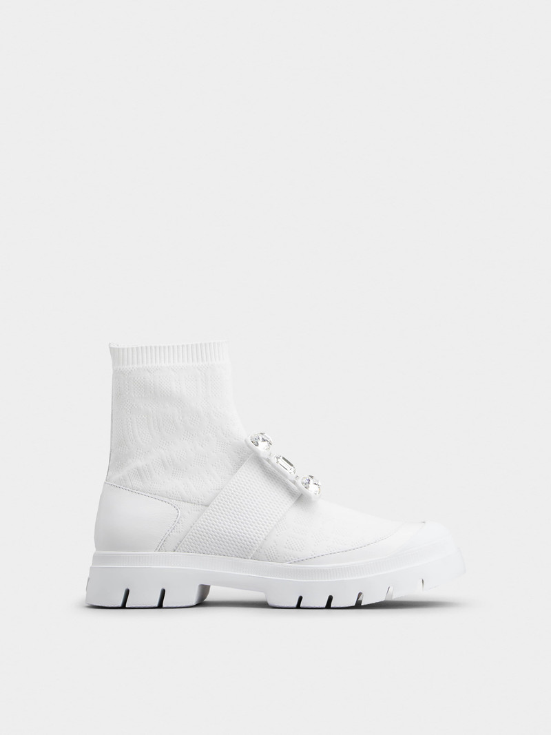 Walky Viv' Rhinestone Buckle Socks Ankle Boots in Fabric 1