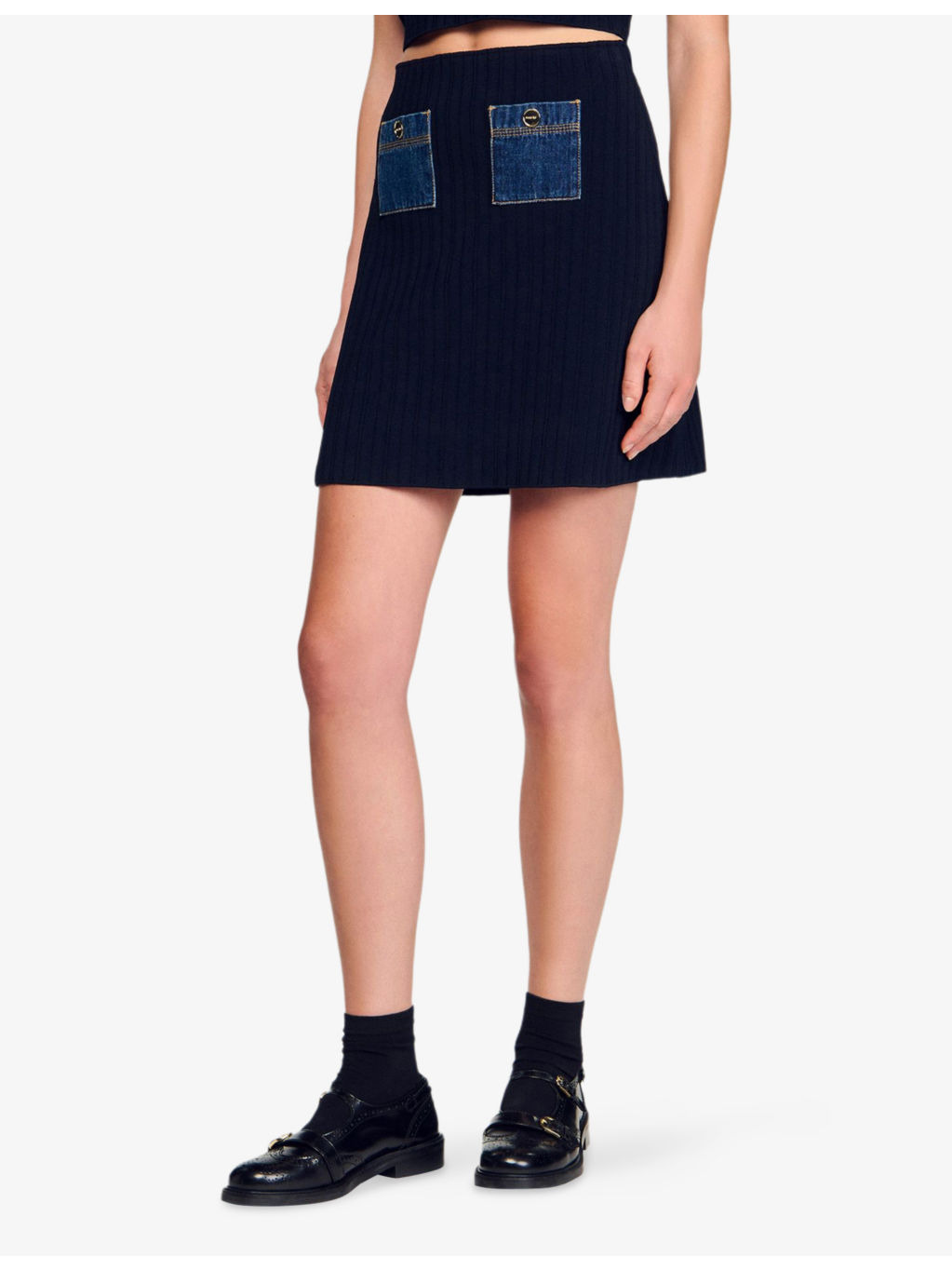 Denim-Pocket Knitted Mini Skirt - 3