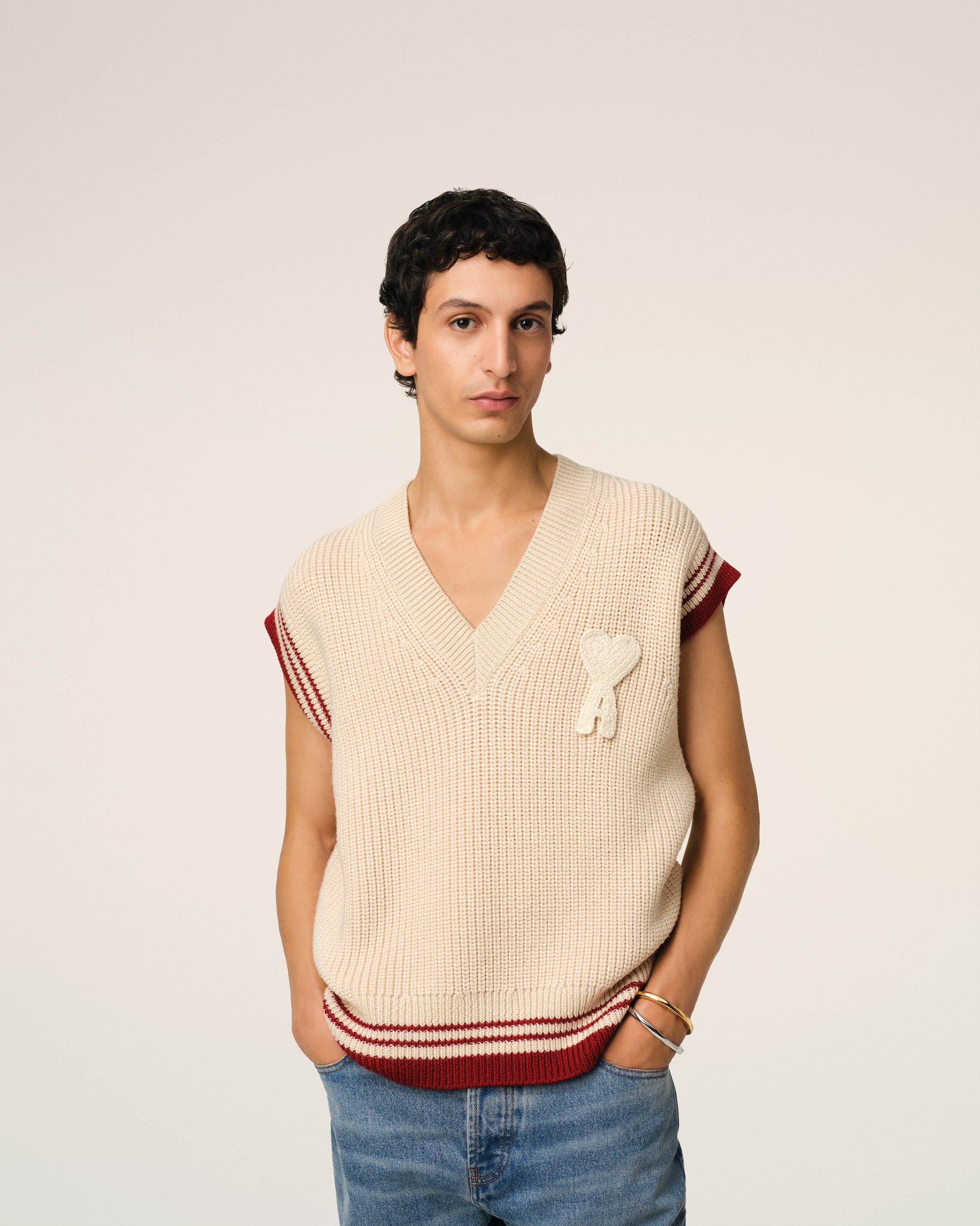 BEIGE WOOL RIBBED SLEEVELESS V NECK SWEATER - 3