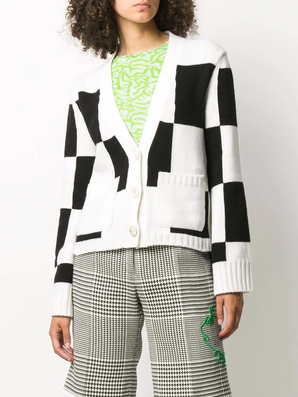 embroidered logo checked cardigan - 3