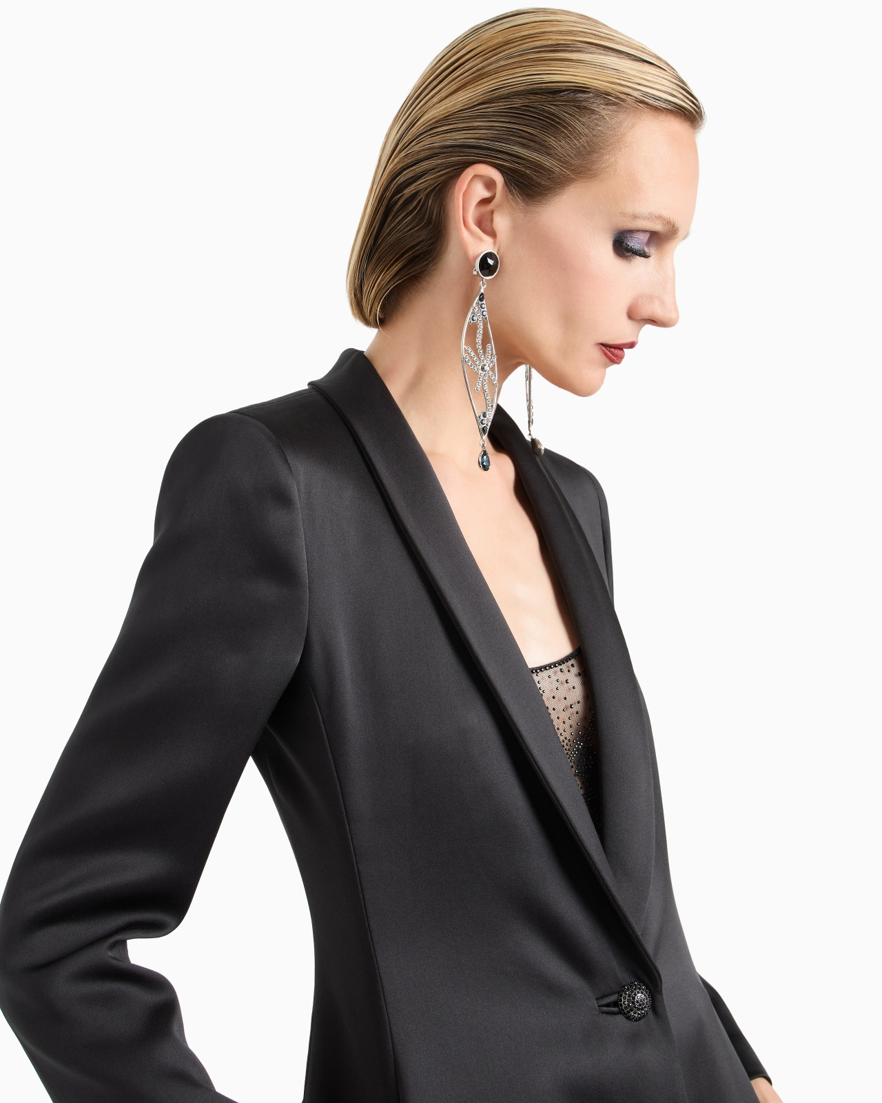 GLITTER SILK SATIN SINGLE-BREASTED LONG JACKET - 5