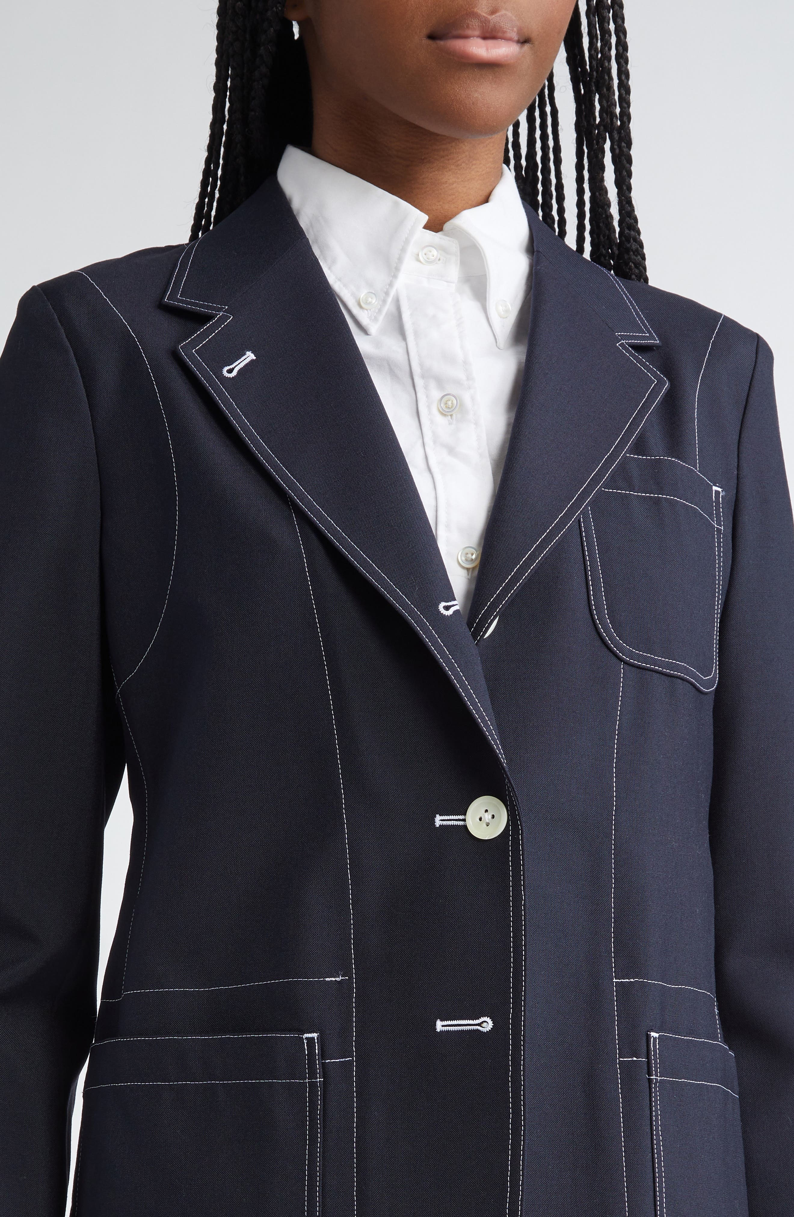 Thom Browne Topstitched Longline Blazer in Navy at Nordstrom - 4
