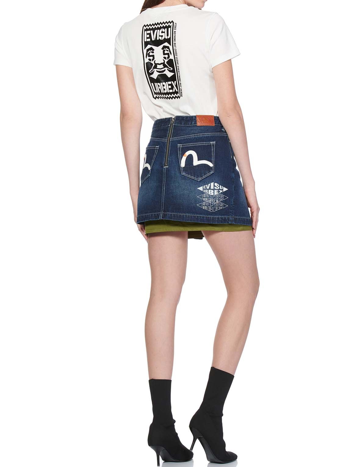 SEAGULL PRINTED MIXED-FABRIC DENIM SKIRT - 7