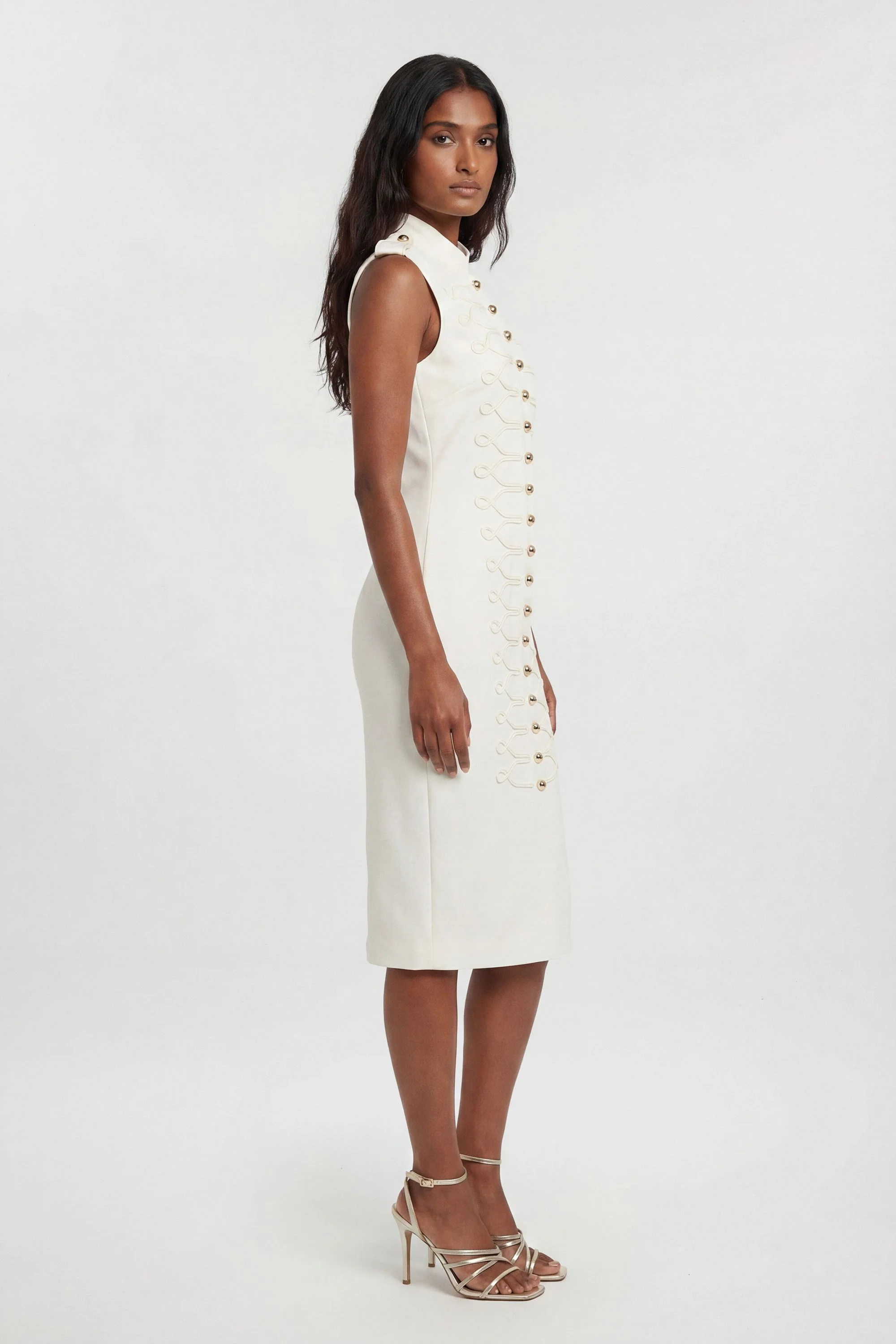 Compact Stretch Button Detail Straight Pencil Dress - 1