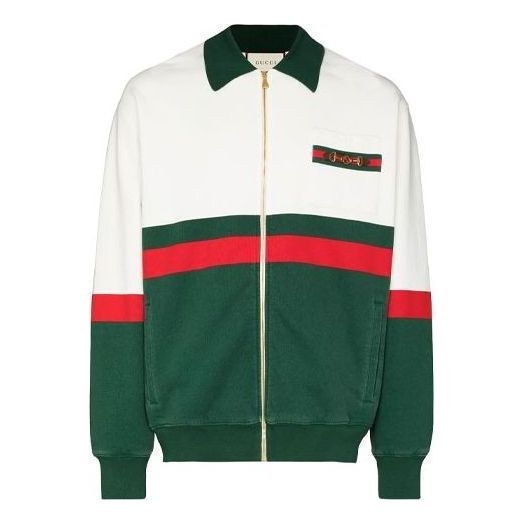 Gucci Web Detail Panelled Zip-Up Cardigan 'White Green' 625402-XJC0D-9146 - 1