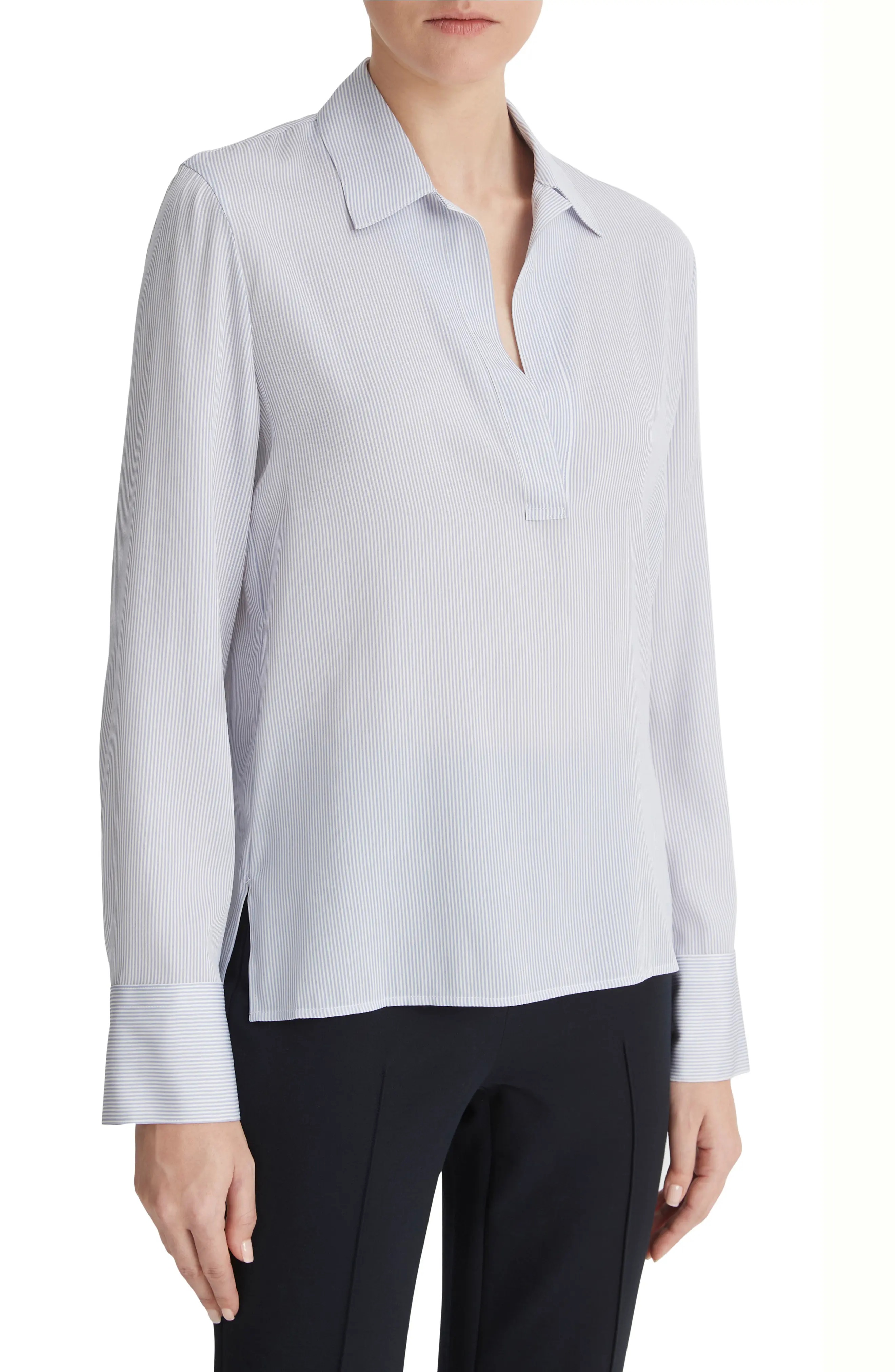 Micro Stripe Stretch Silk Popover Shirt - 3