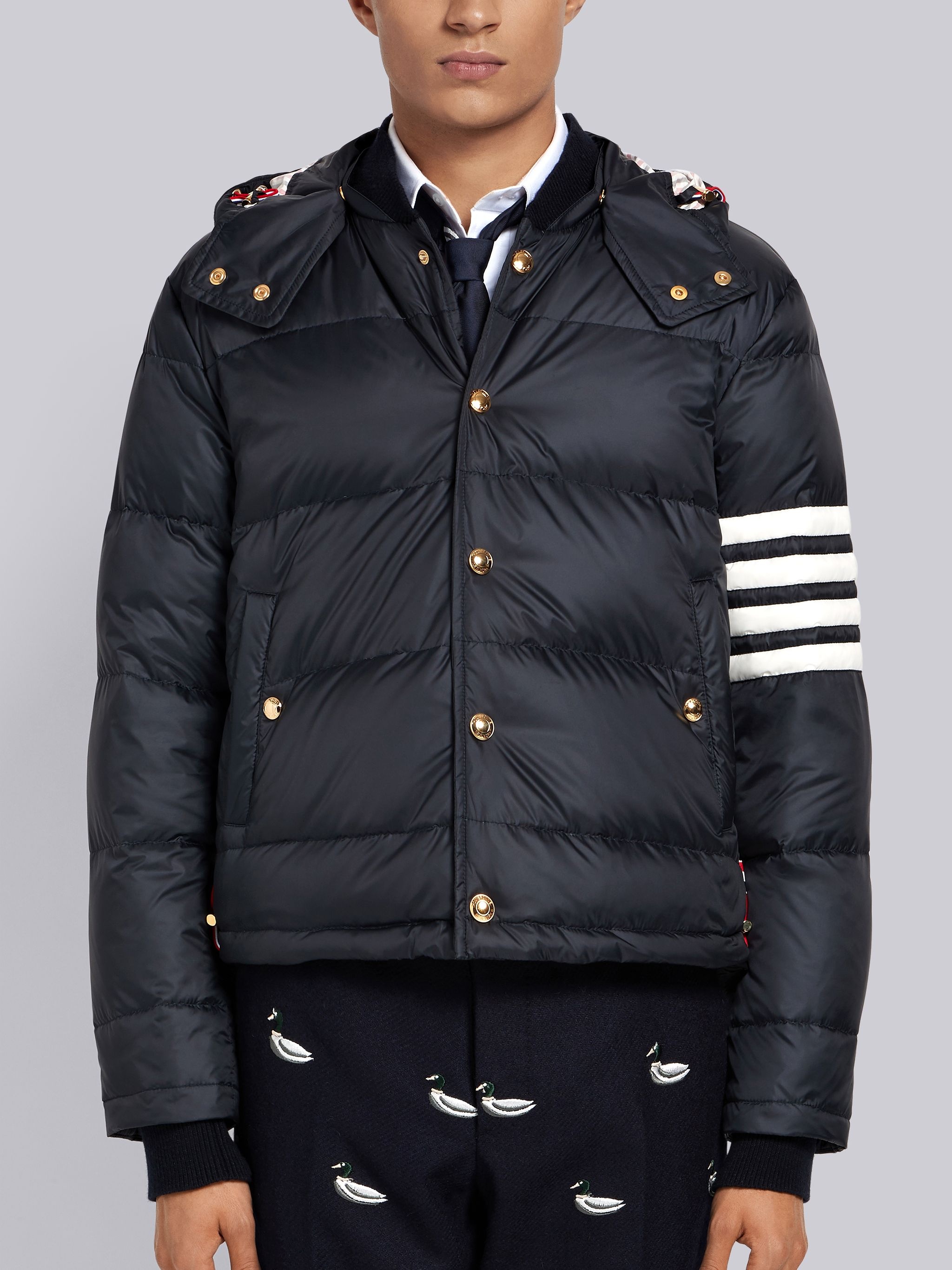 Navy Matte Nylon 4-Bar Down Bomber Jacket - 1