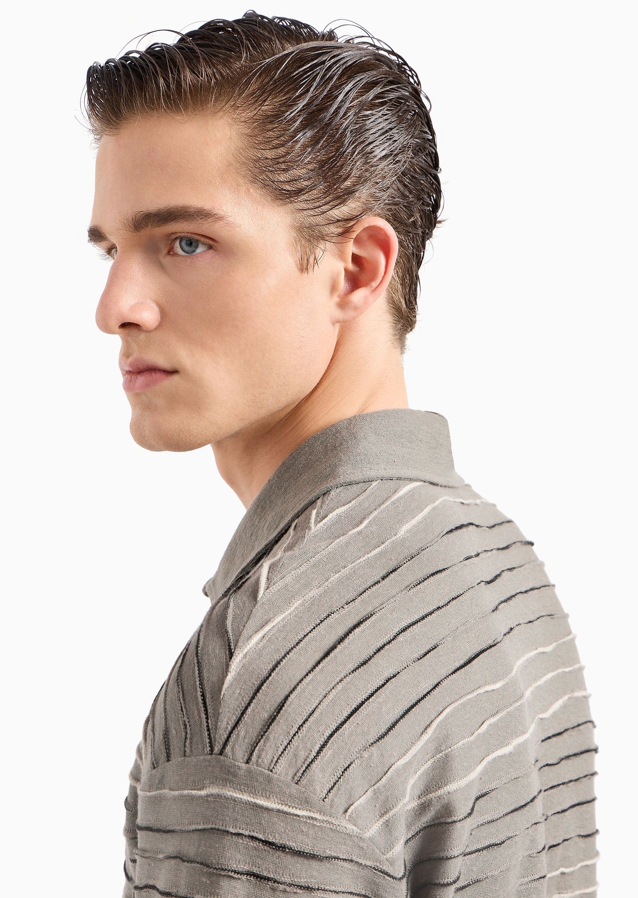 Long-sleeved polo shirt in linen, cotton and viscose jersey jacquard - 5
