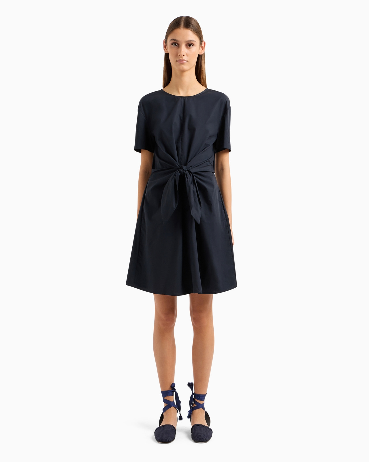 Short-sleeved poplin shirt dress with sash - 2