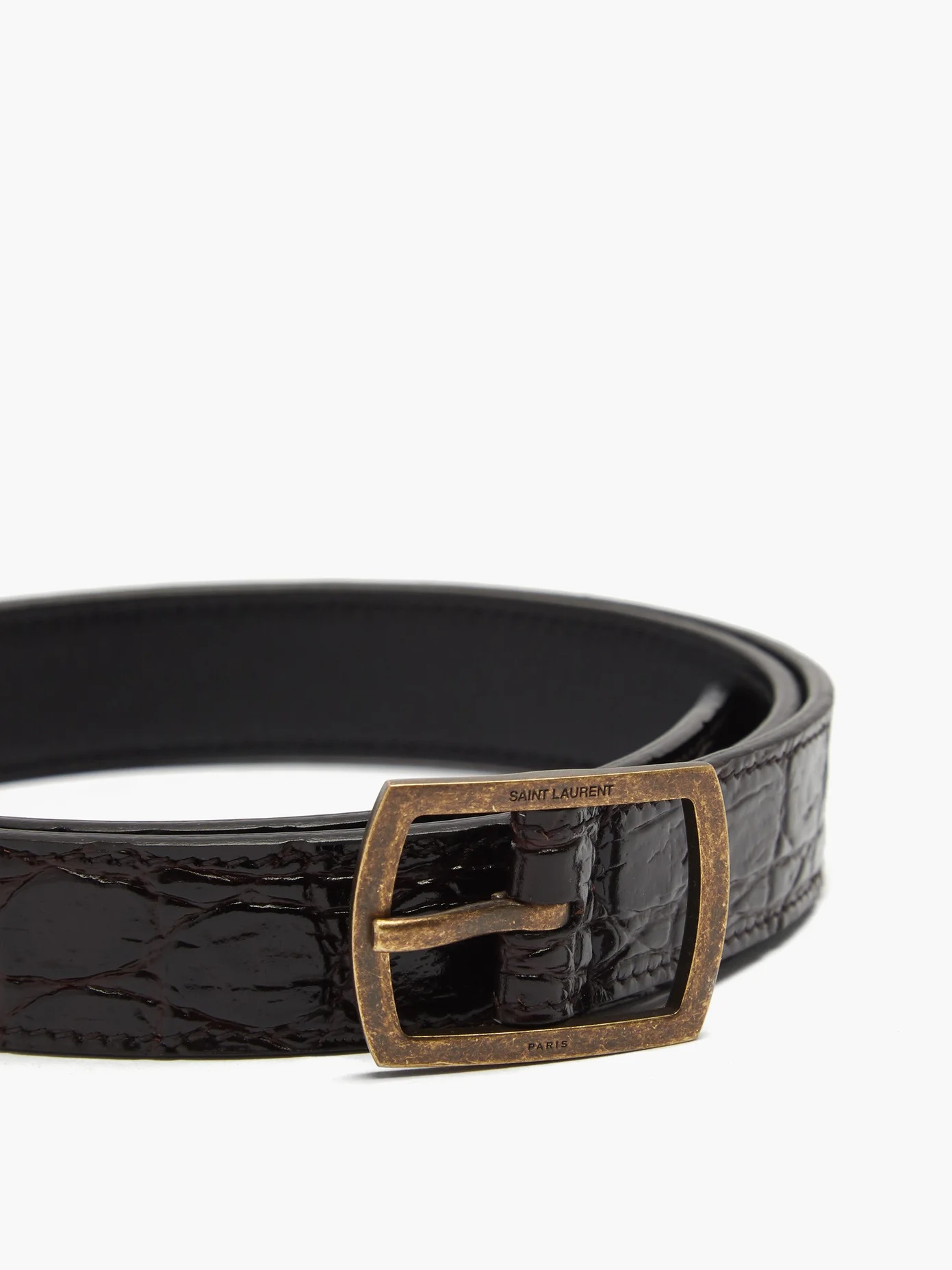 Crocodile-effect brown leather skinny belt - 3