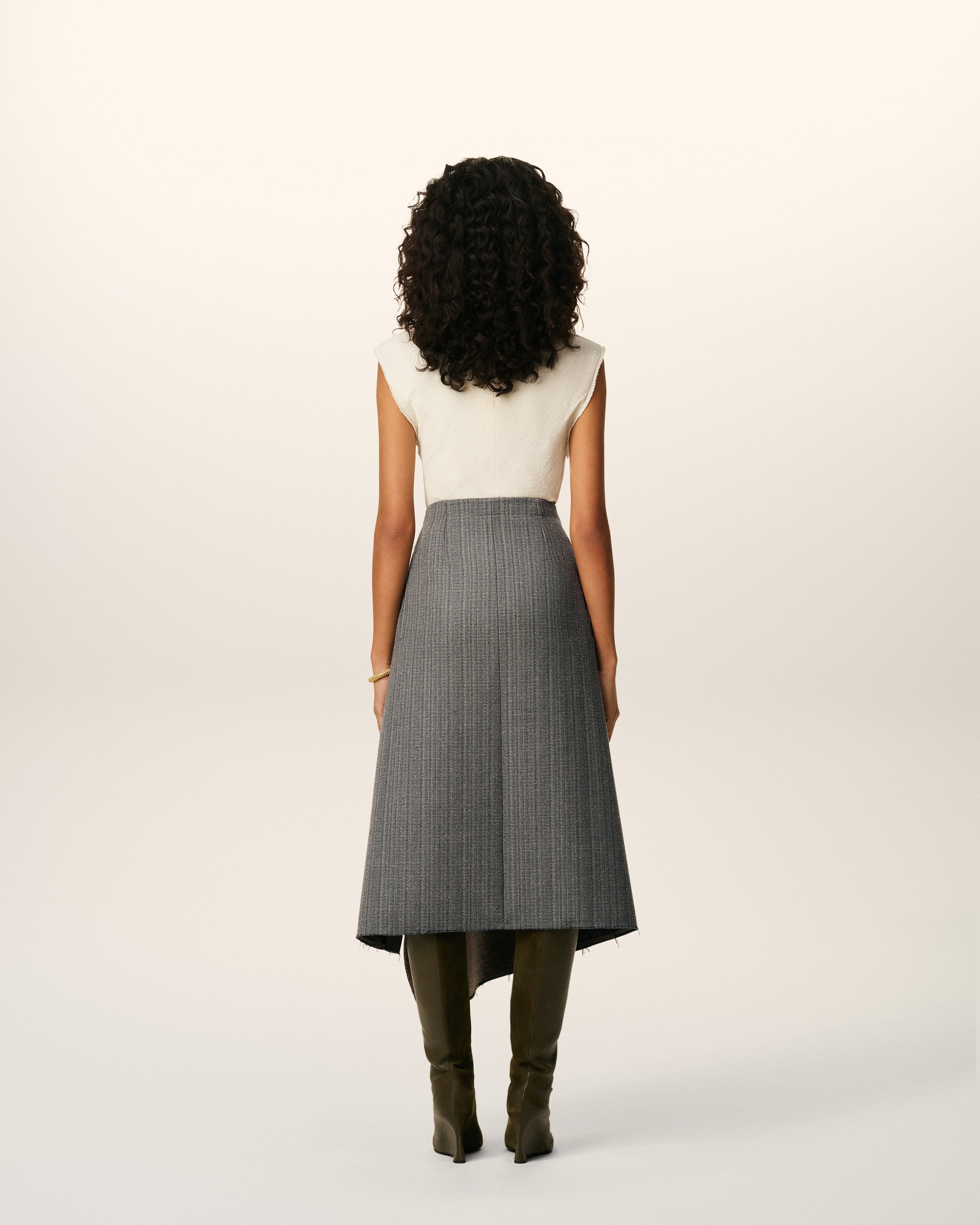 GREY WOOL MIDI HERRINGBONE WRAPPED SKIRT - 4