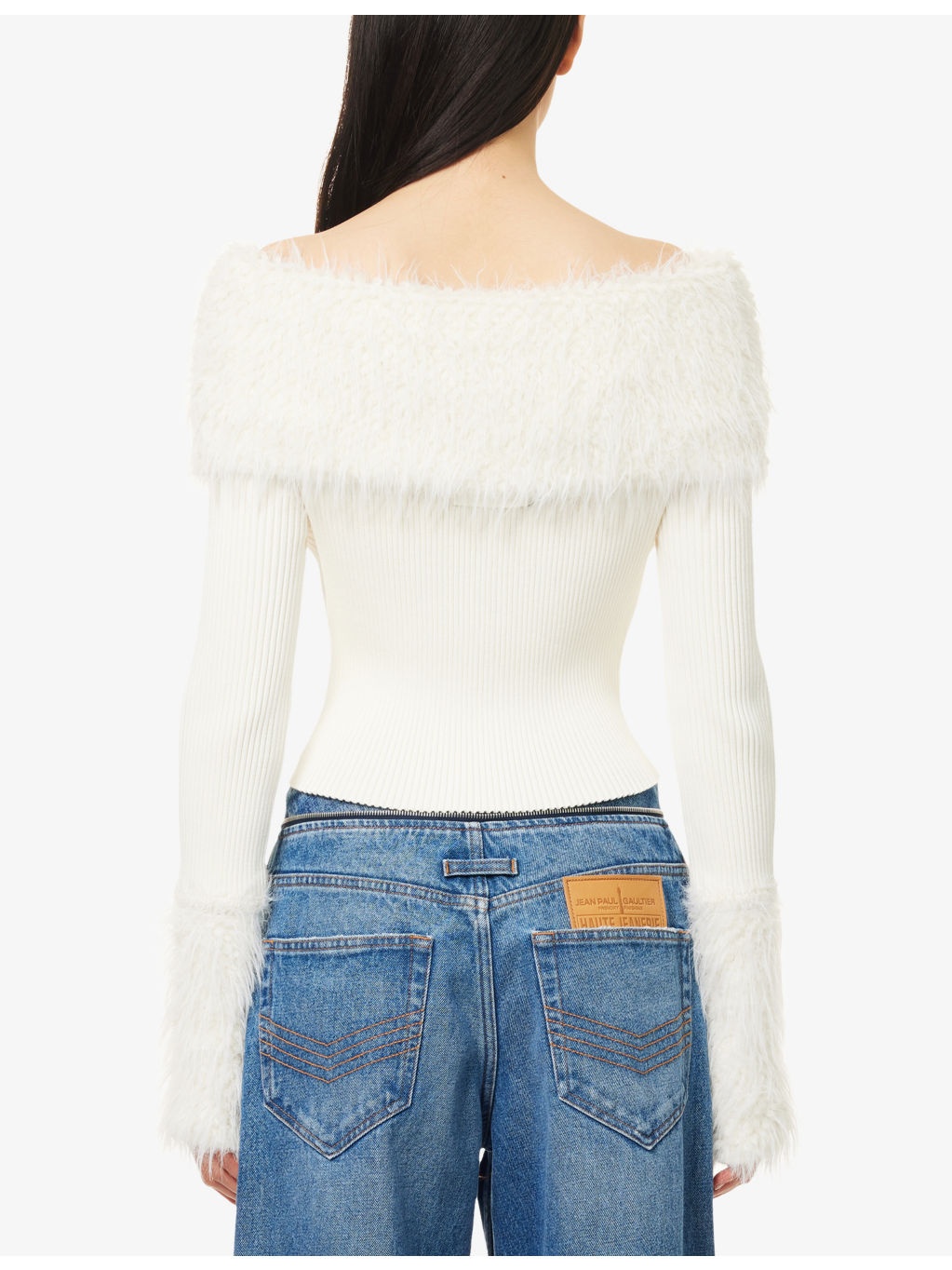 Off-Shoulder Faux Fur-Trim Ribbed Jumper - 4