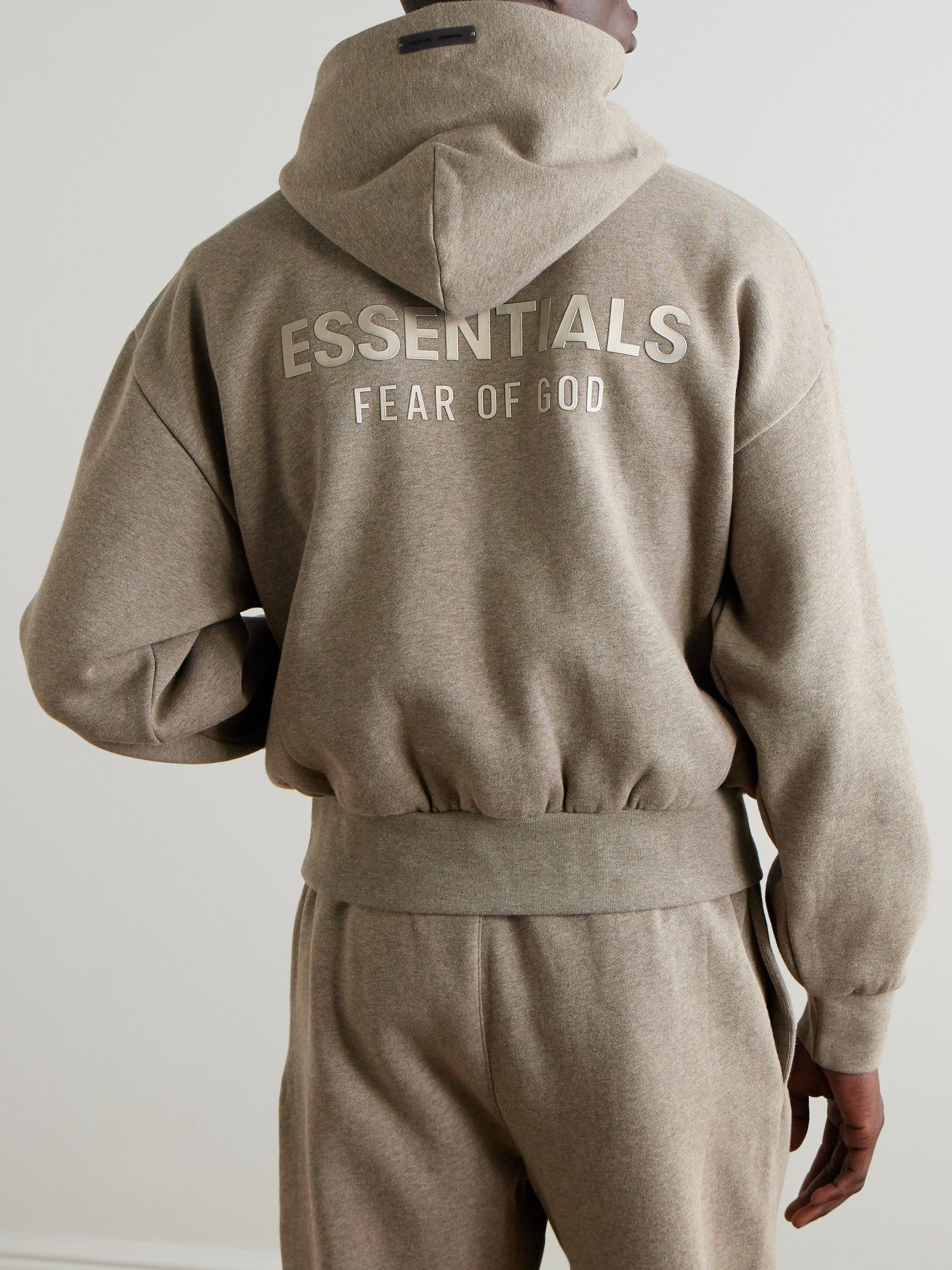 Oversized Logo-Appliquéd Cotton-Blend Jersey Hoodie Taupe - 3