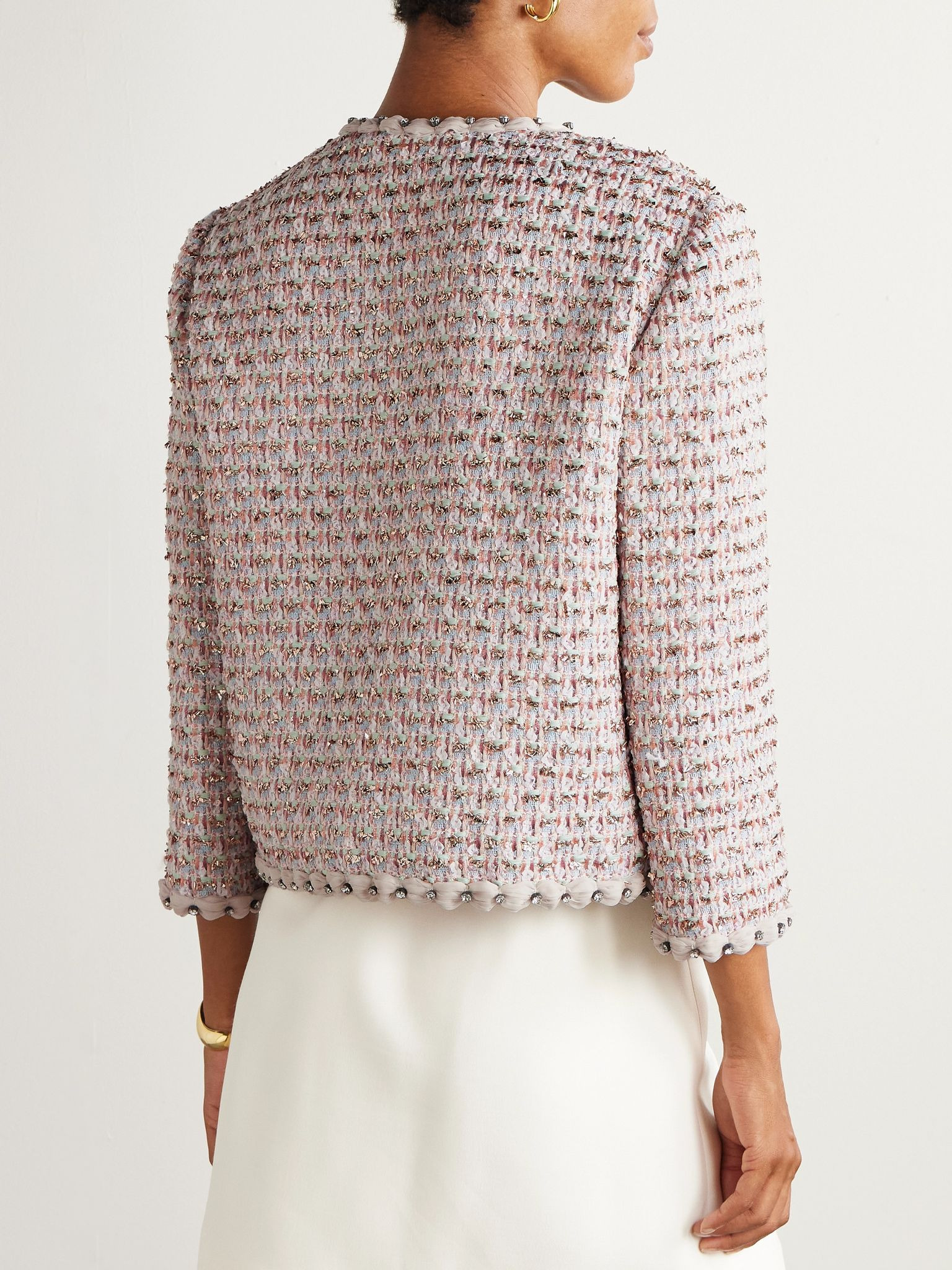 Crystal-embellished chiffon-trimmed metallic tweed jacket Pastel pink - 3