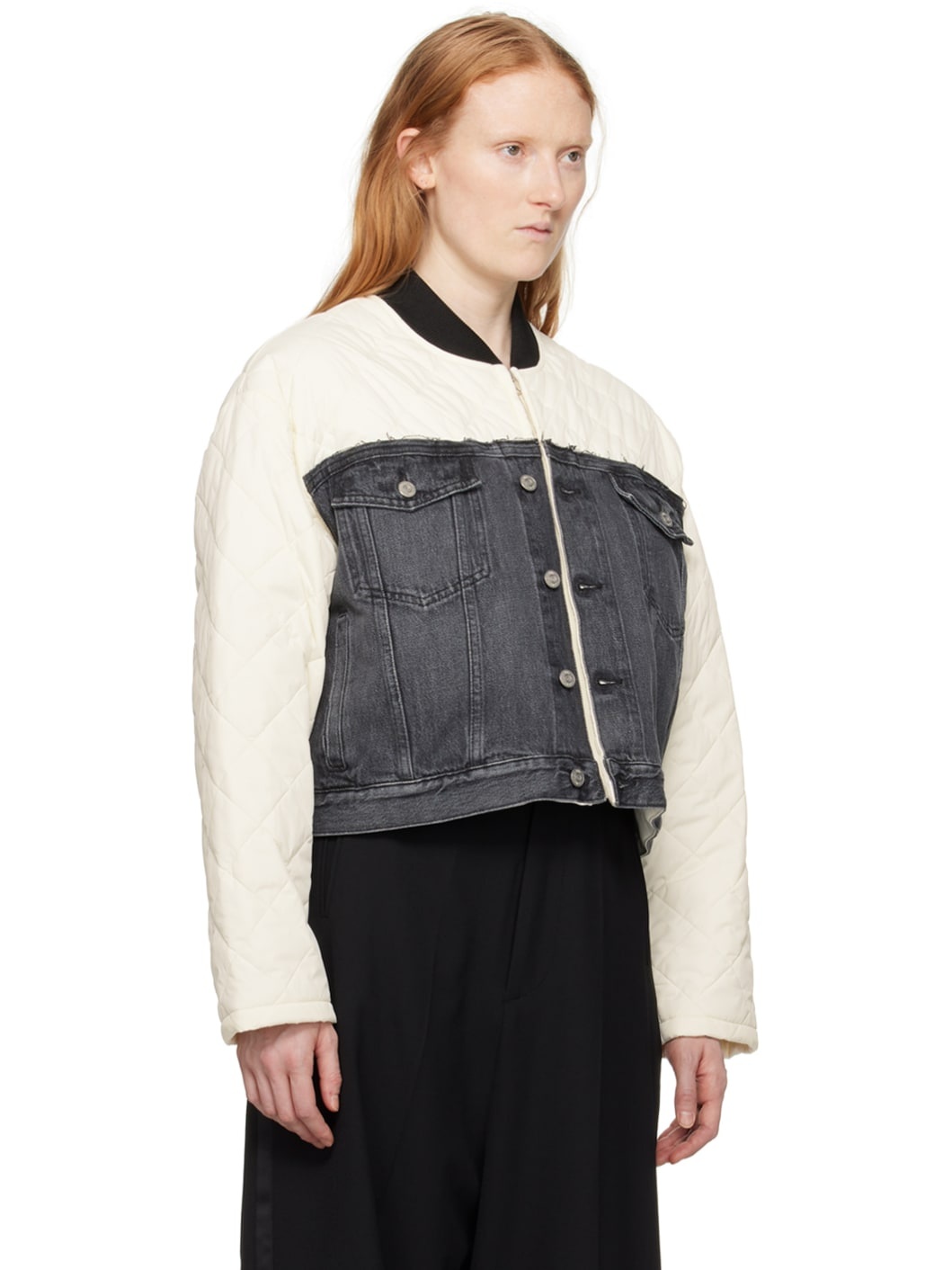 Off-White & Black Paneled Denim Bomber Jacket - 2