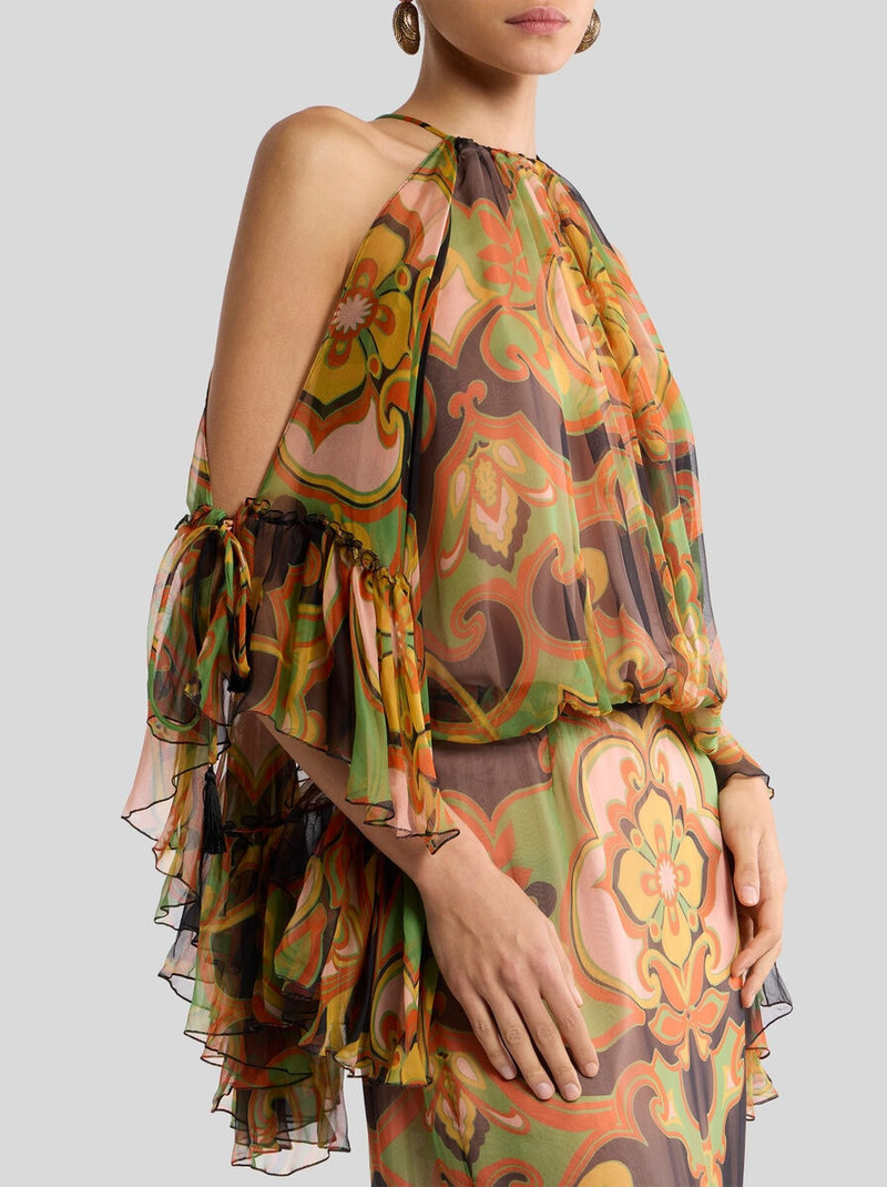 LONG SILK DRESS WITH RUFFLES AND PLACED FLORAL PRINT 2
