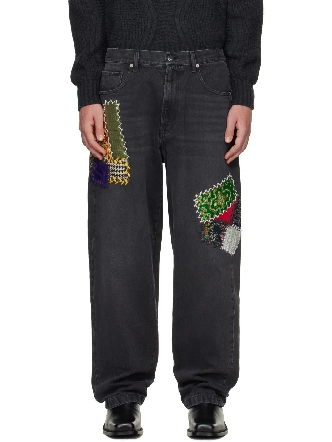 Black Embroidered Patchwork Jeans - 1