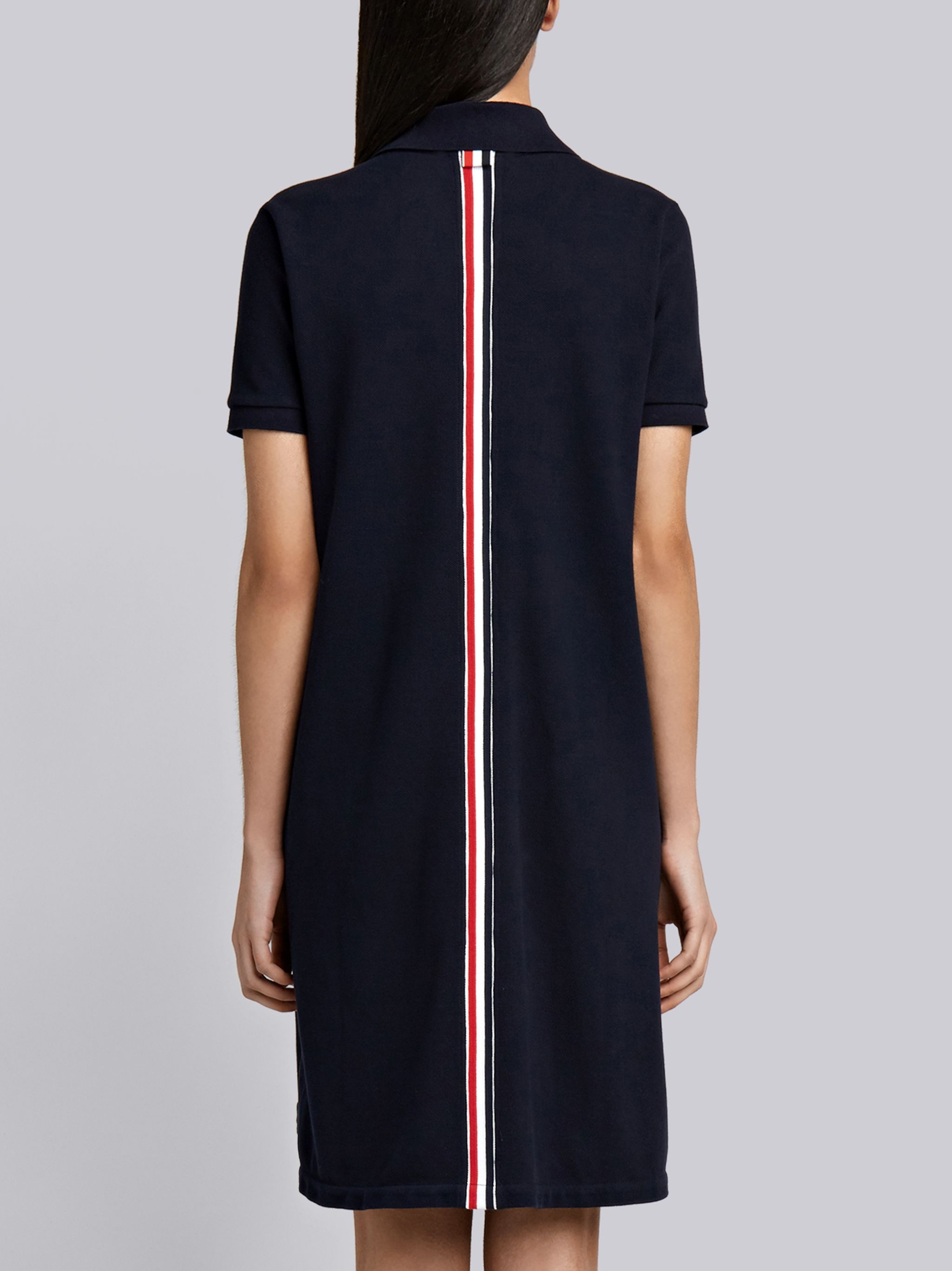 Navy Stripe Cotton Pique Fitted A-line Short Sleeve Polo Shirtdress - 2