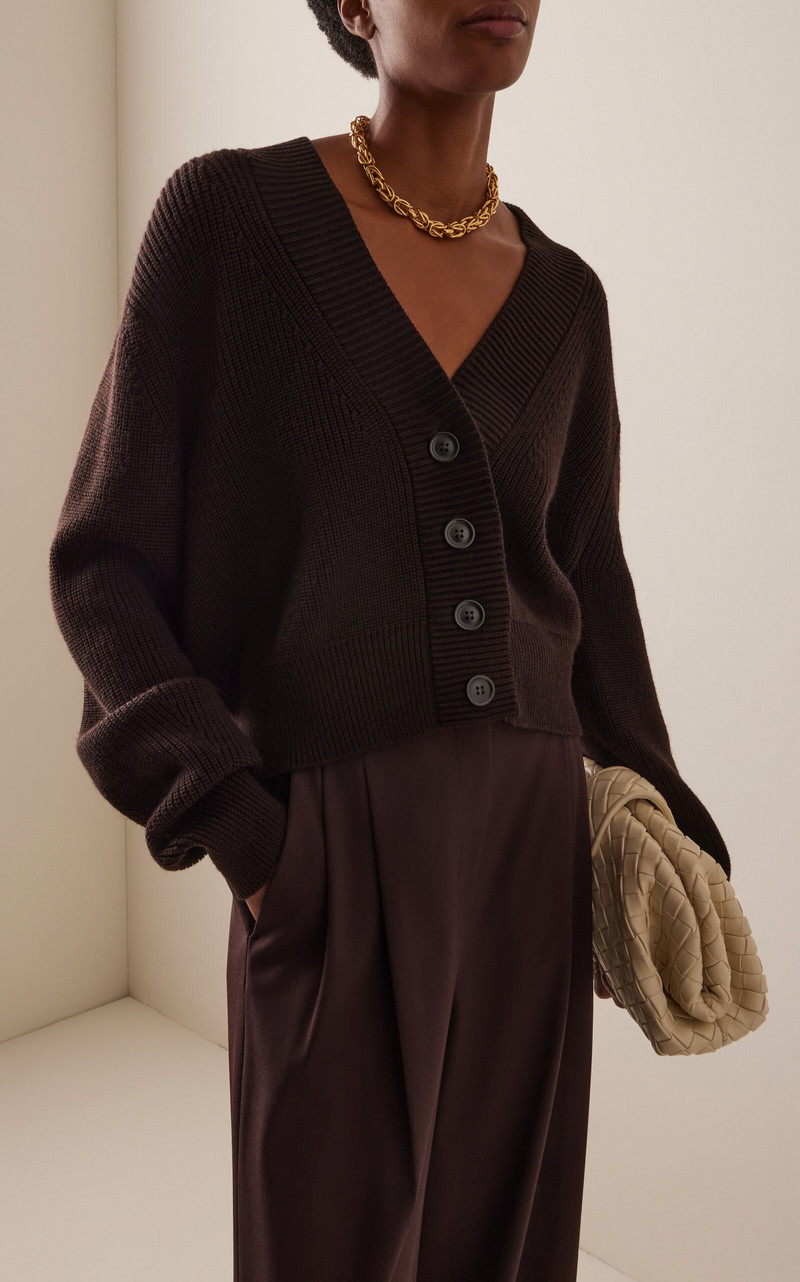 Another Tomorrow Ribbed Cropped Wool Cardigan brown outlook