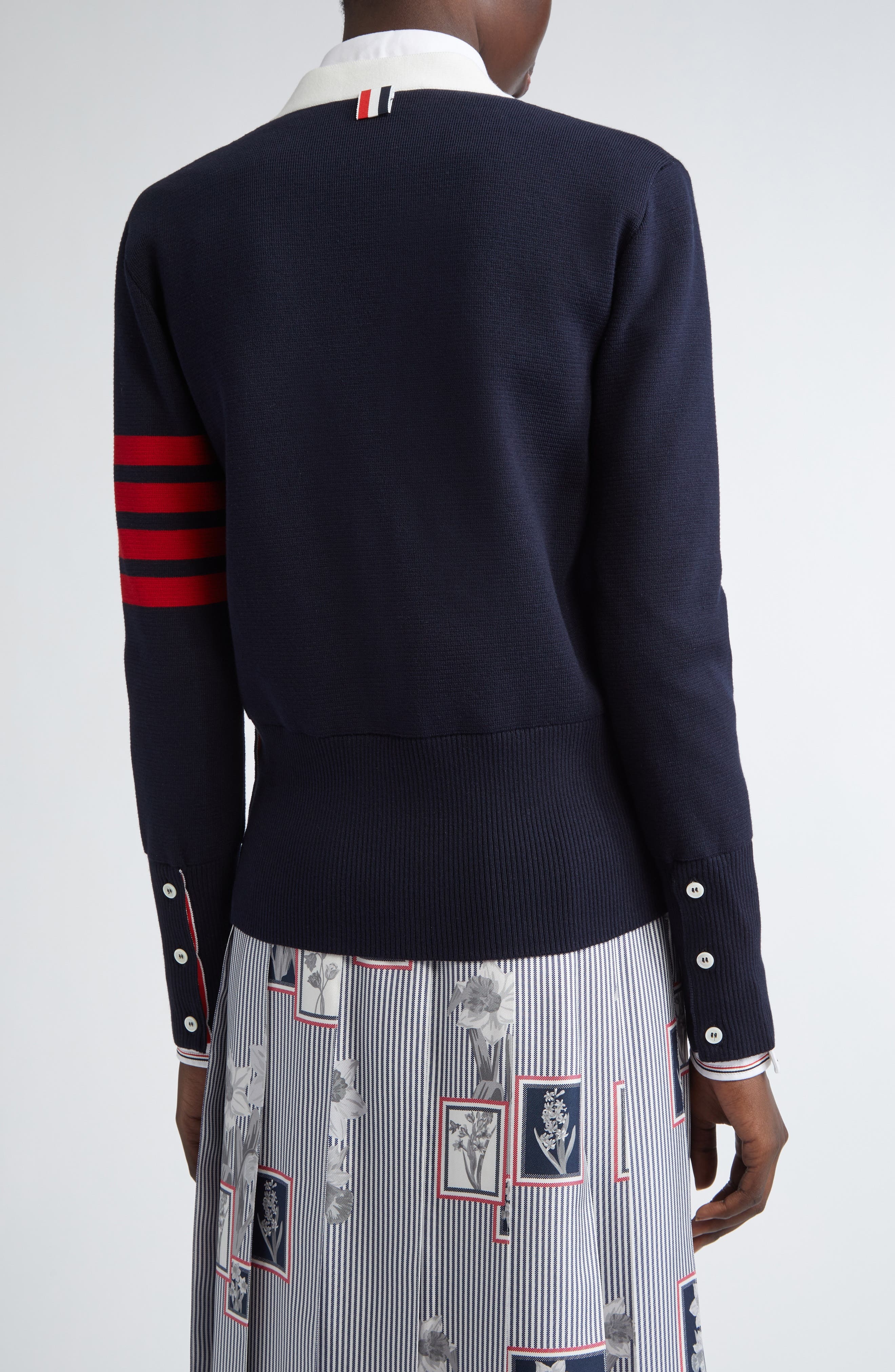 Thom Browne 4-Bar Contrast Trim Cotton Cardigan in Navy at Nordstrom - 3
