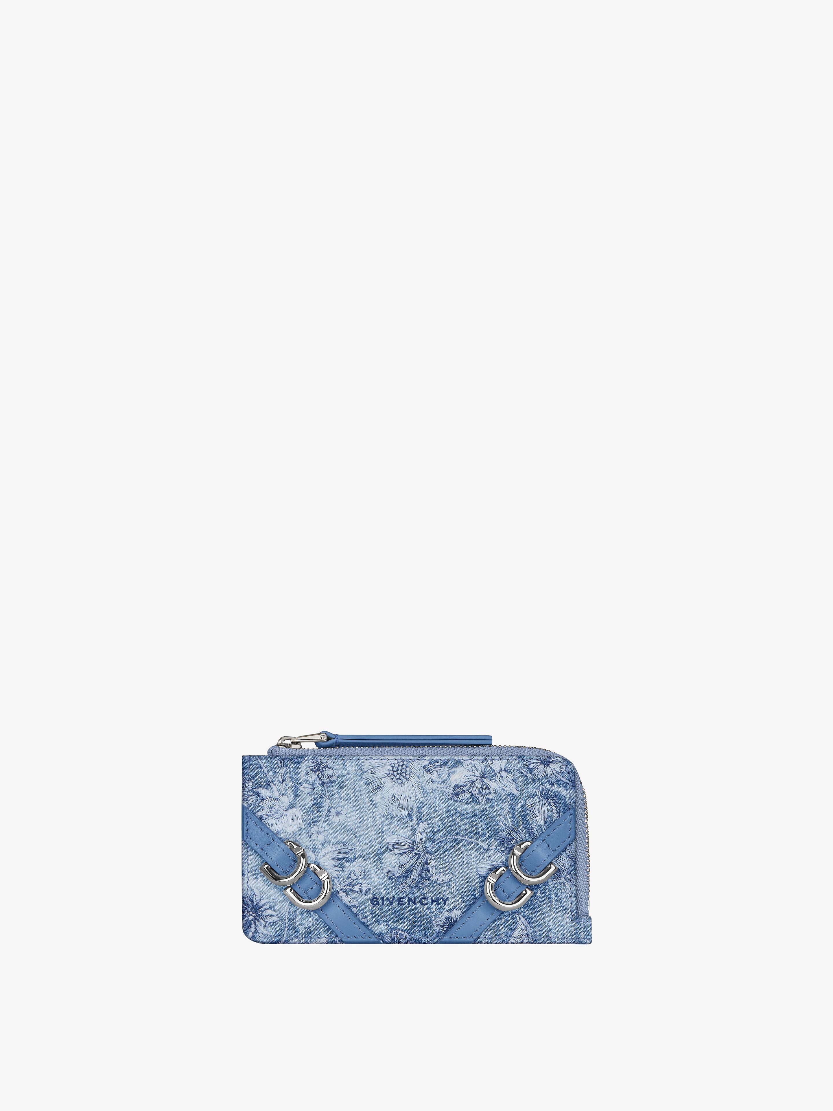 VOYOU ZIPPED CARD HOLDER IN WASHED EMBROIDERED DENIM - 1