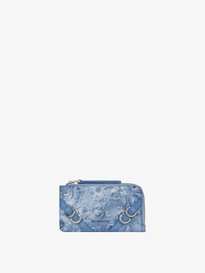 VOYOU ZIPPED CARD HOLDER IN WASHED EMBROIDERED DENIM 1