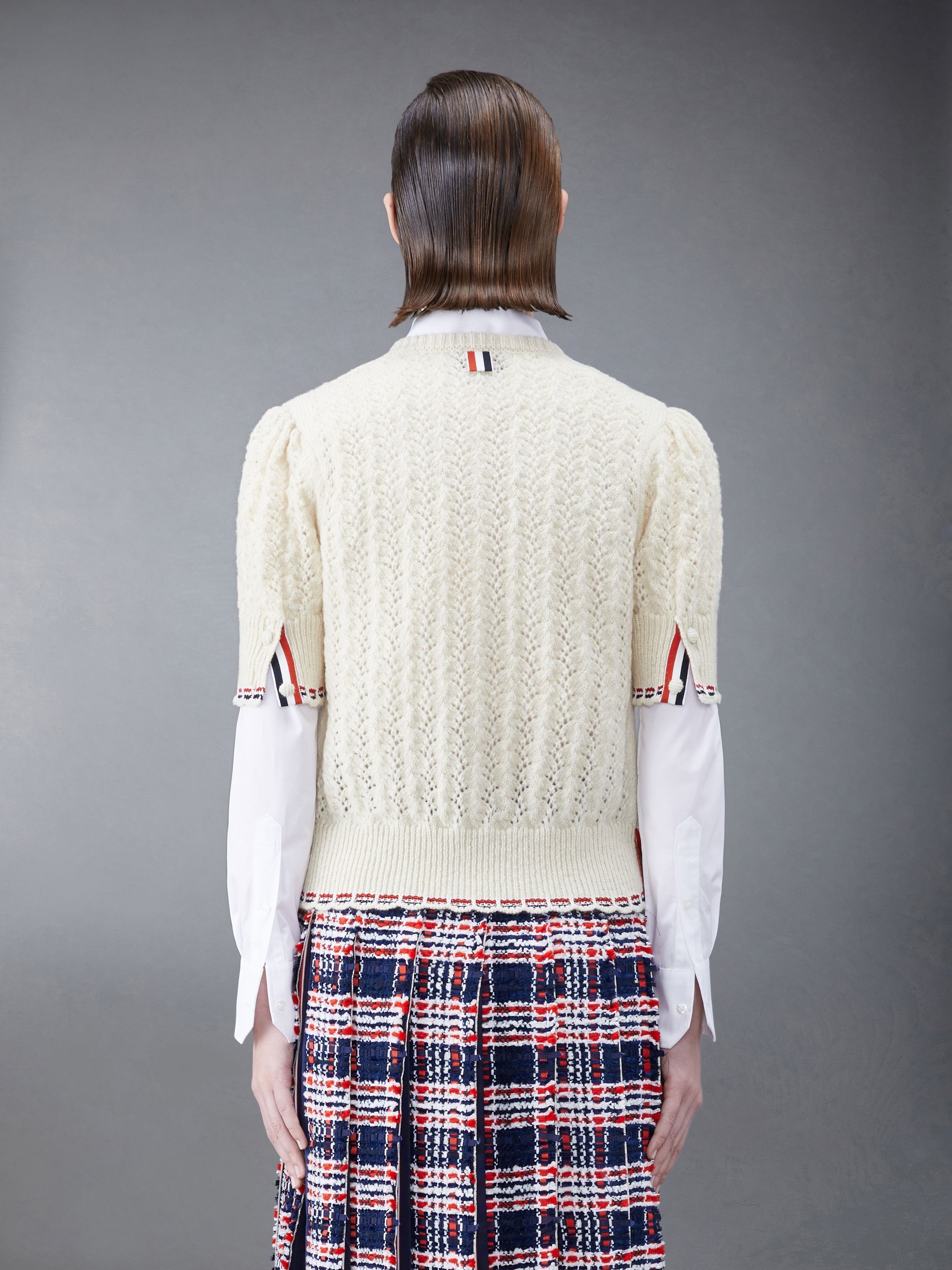 Donegal Wool Cable Pointelle Stripe Short Sleeve Cardigan