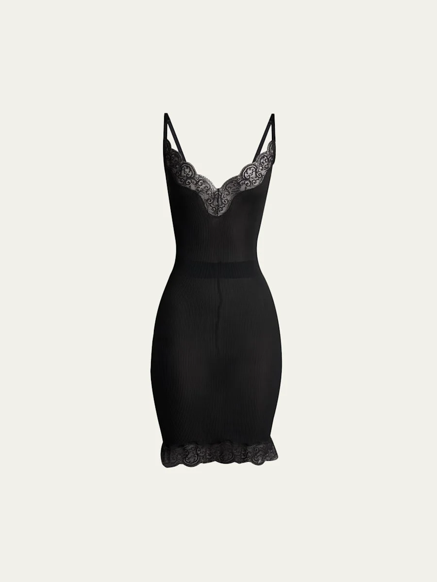 Lace-Trim Ribbed Mini Tank Dress - 1