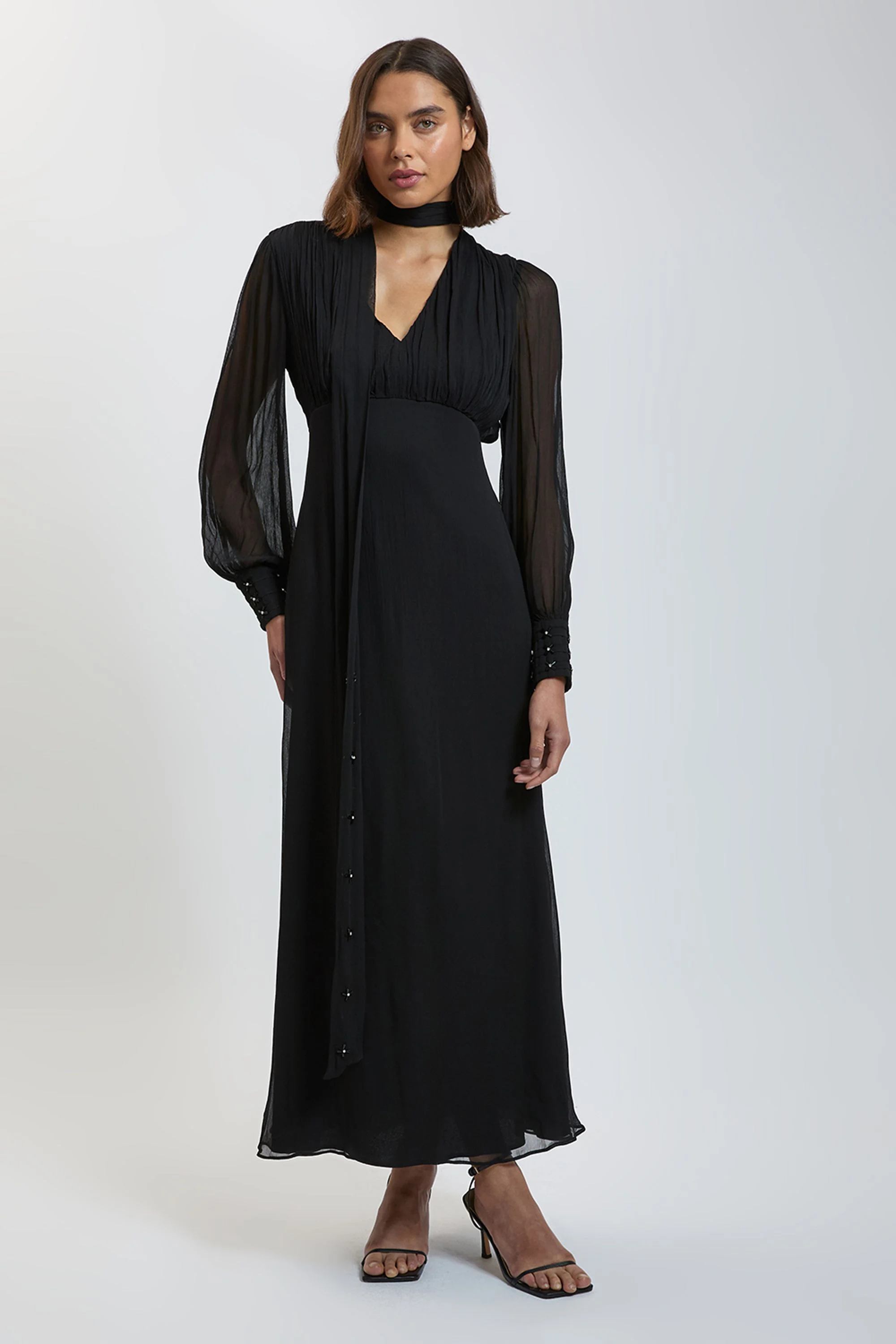 Viscose Crinkle Embellished Scarf Detail Maxi Dress - 1