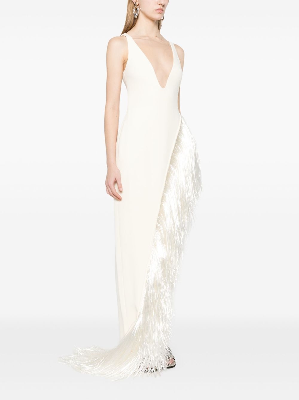 raffia-fringe asymmetric-hem gown - 3