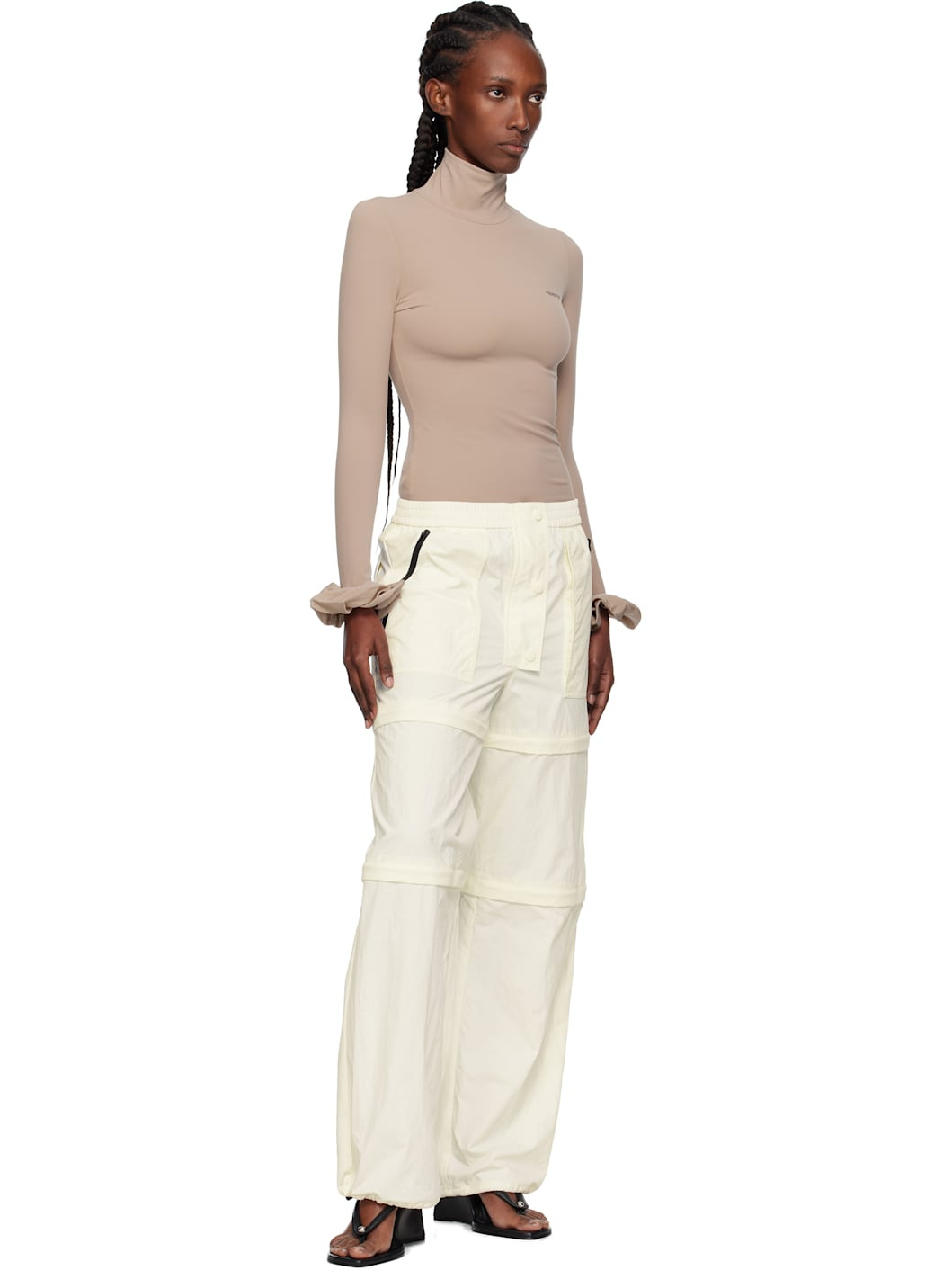 Beige Scrunchie Sleeve Jersey Turtleneck - 5