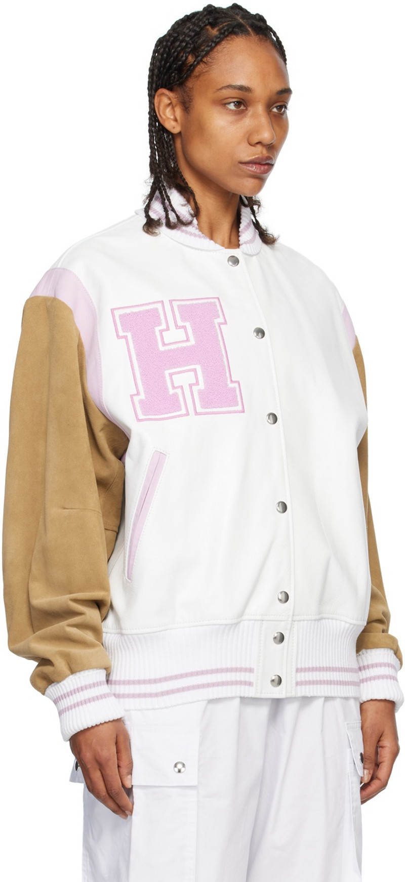 HALFBOY®️ White & Pink Paneled Bomber Jacket outlook