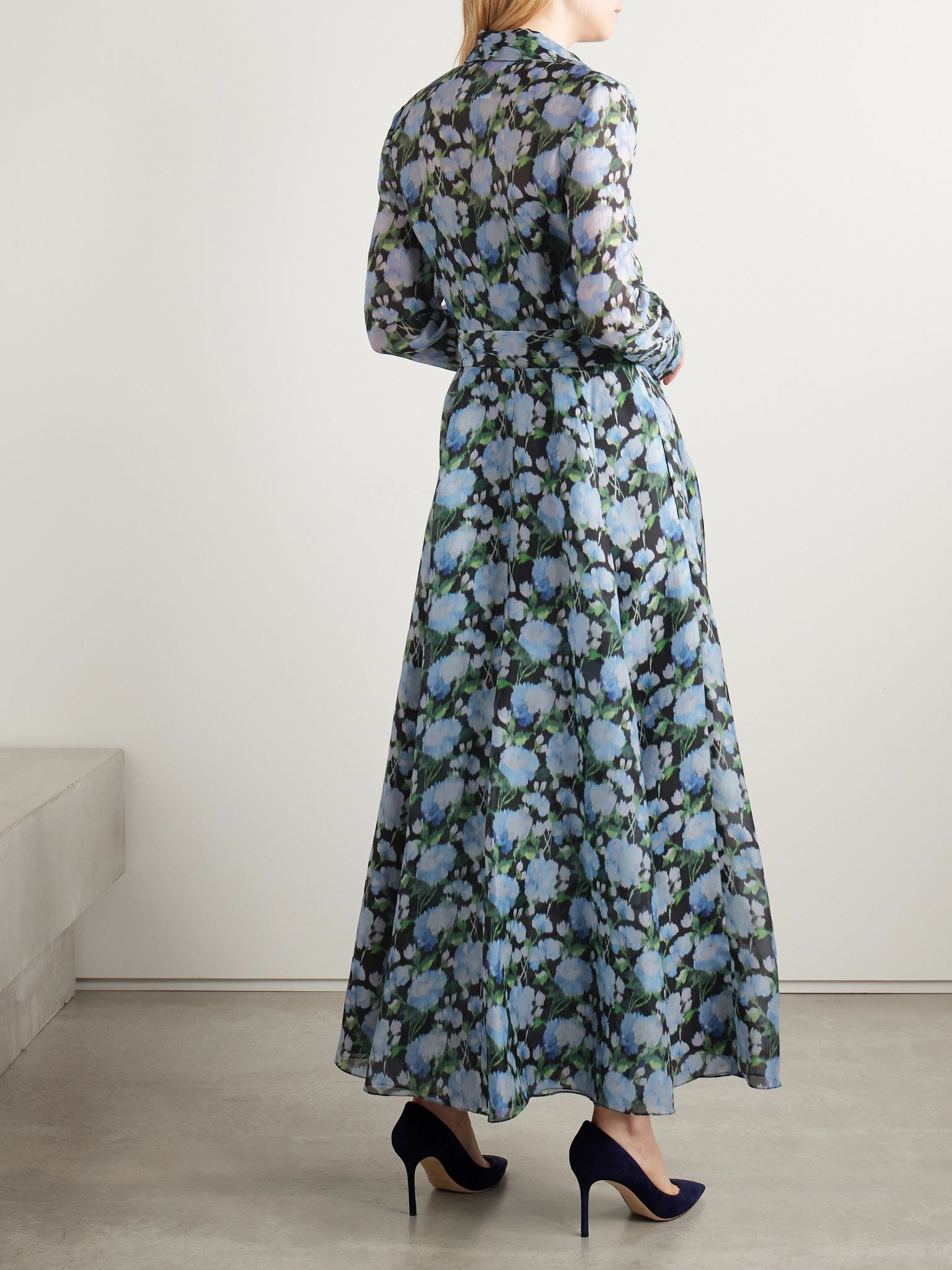 Belted floral-print silk-organza midi shirt dress Blue - 3