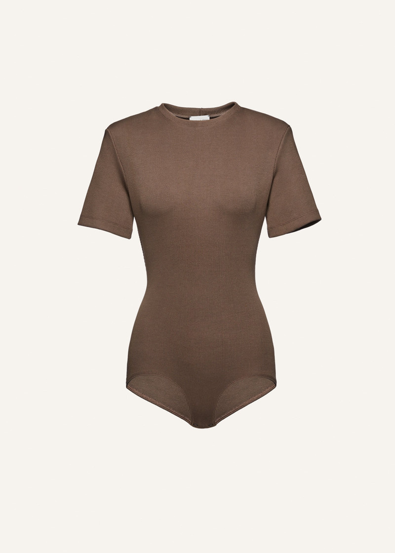 Ribbed short sleeve bodysuit in beige 1