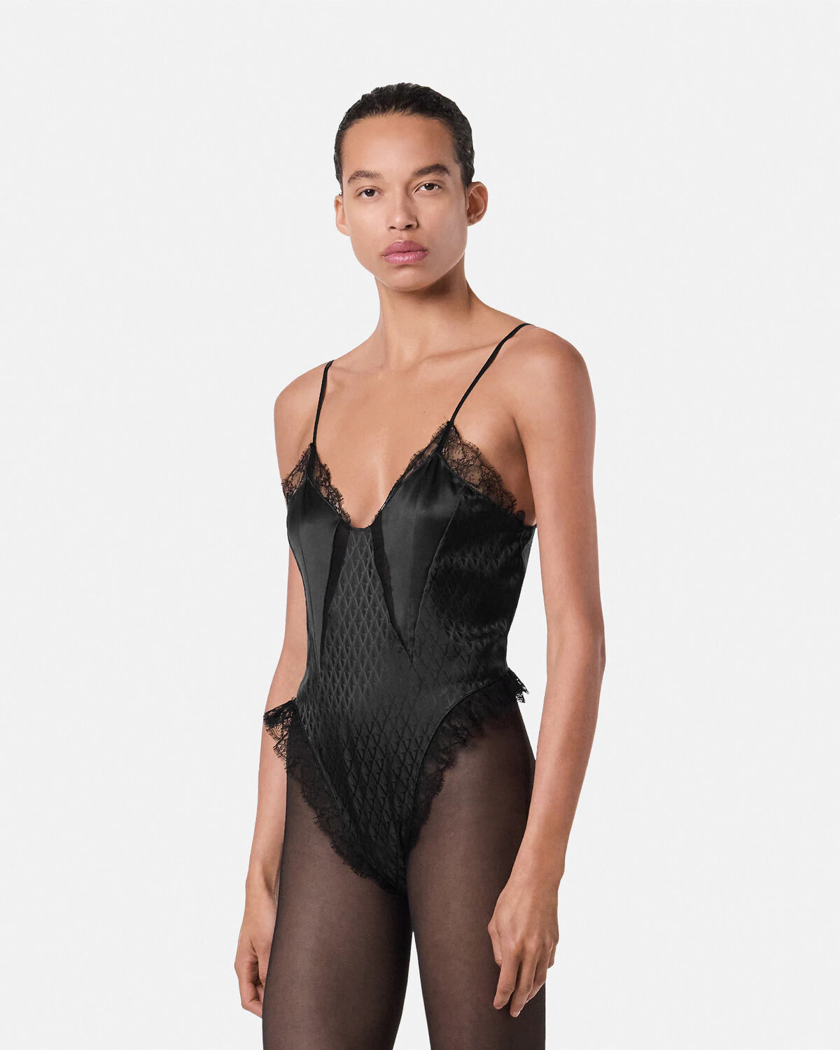 V Allover Jacquard Silk Bodysuit - 4