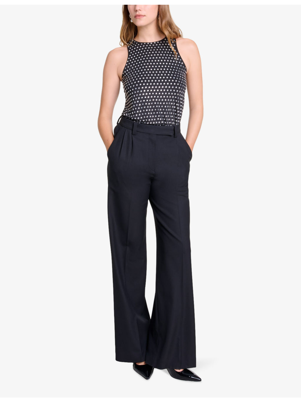 Pressed-creases pleated wide-leg mid-rise stretch-woven trousers - 2