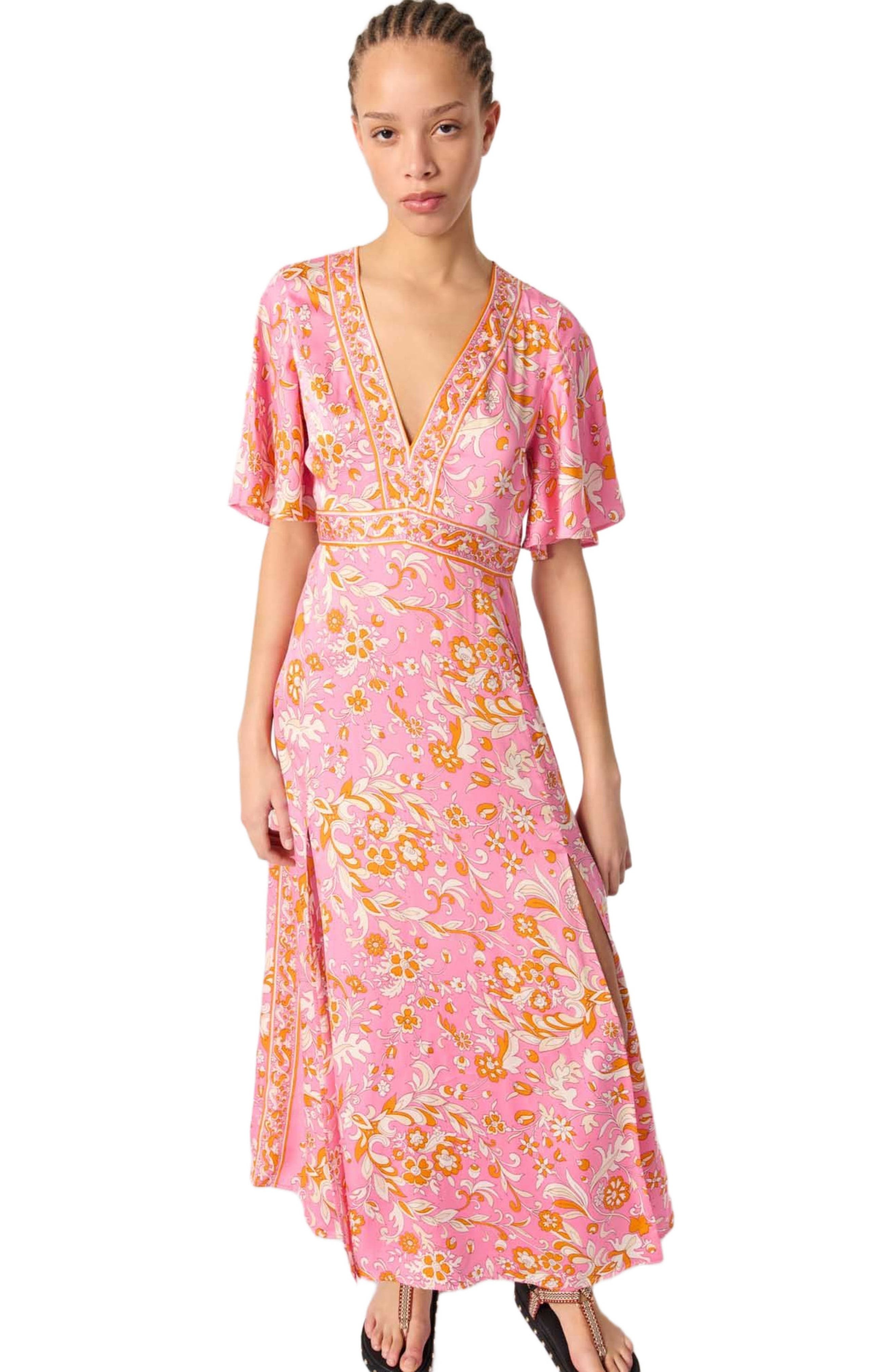 maje Patterned flowing maxi dress in Orange Pink Flowers Print at Nordstrom - 4