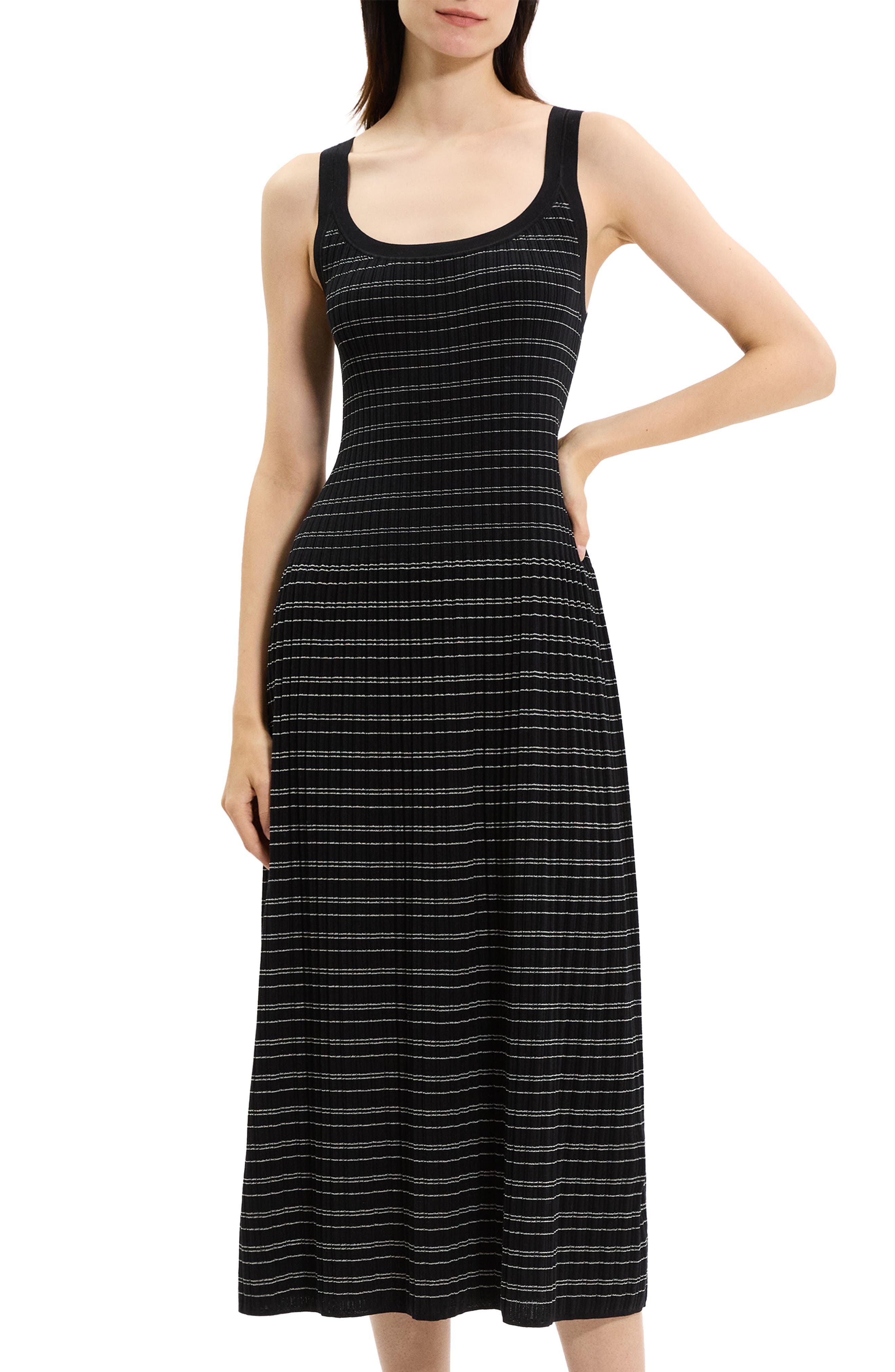 Theory Variegated Stripe Pima Cotton Blend Midi Dress in Black/White at Nordstrom - 6