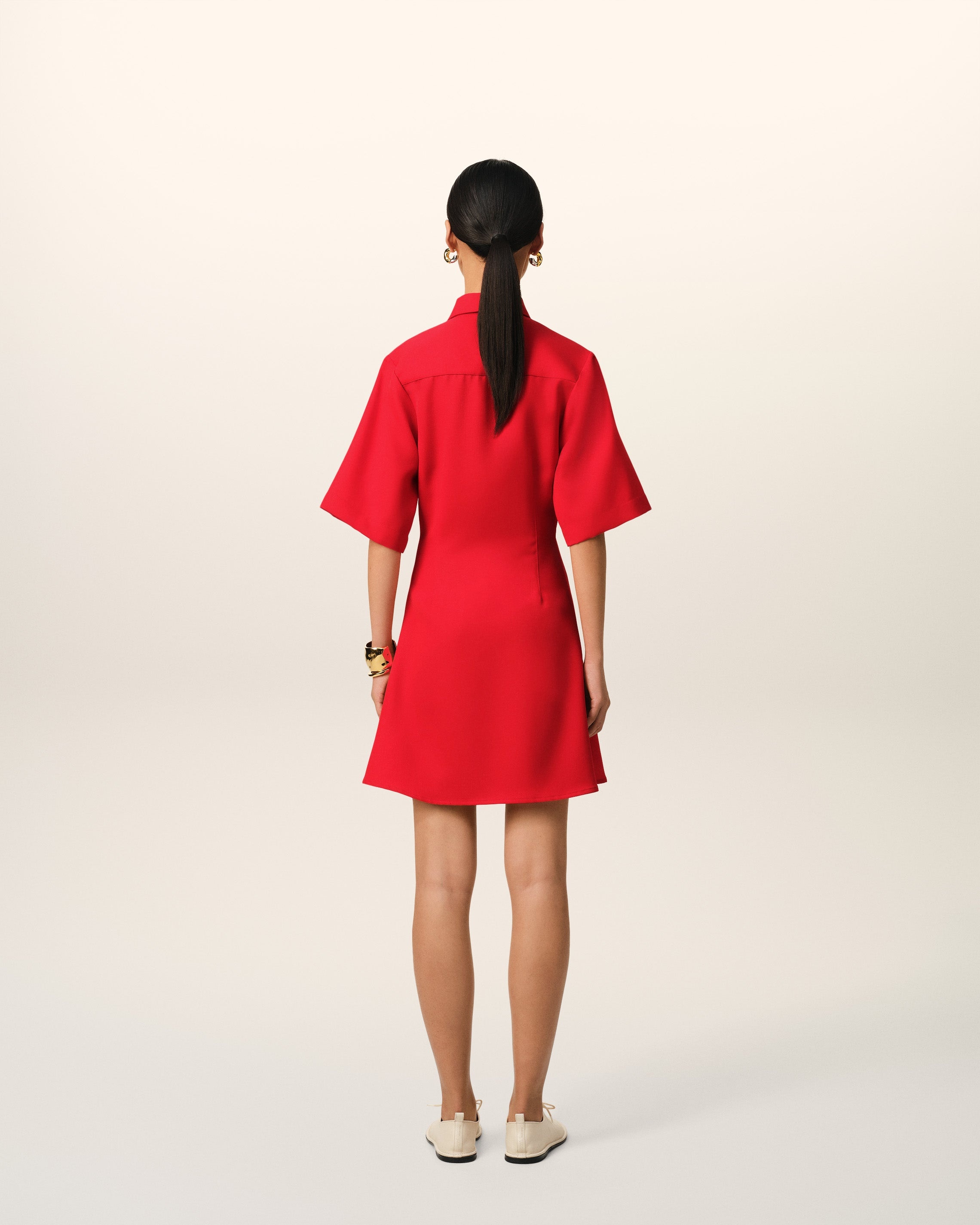 RED WOOL SHORT SLEEVE SHIRT DRESS - 5