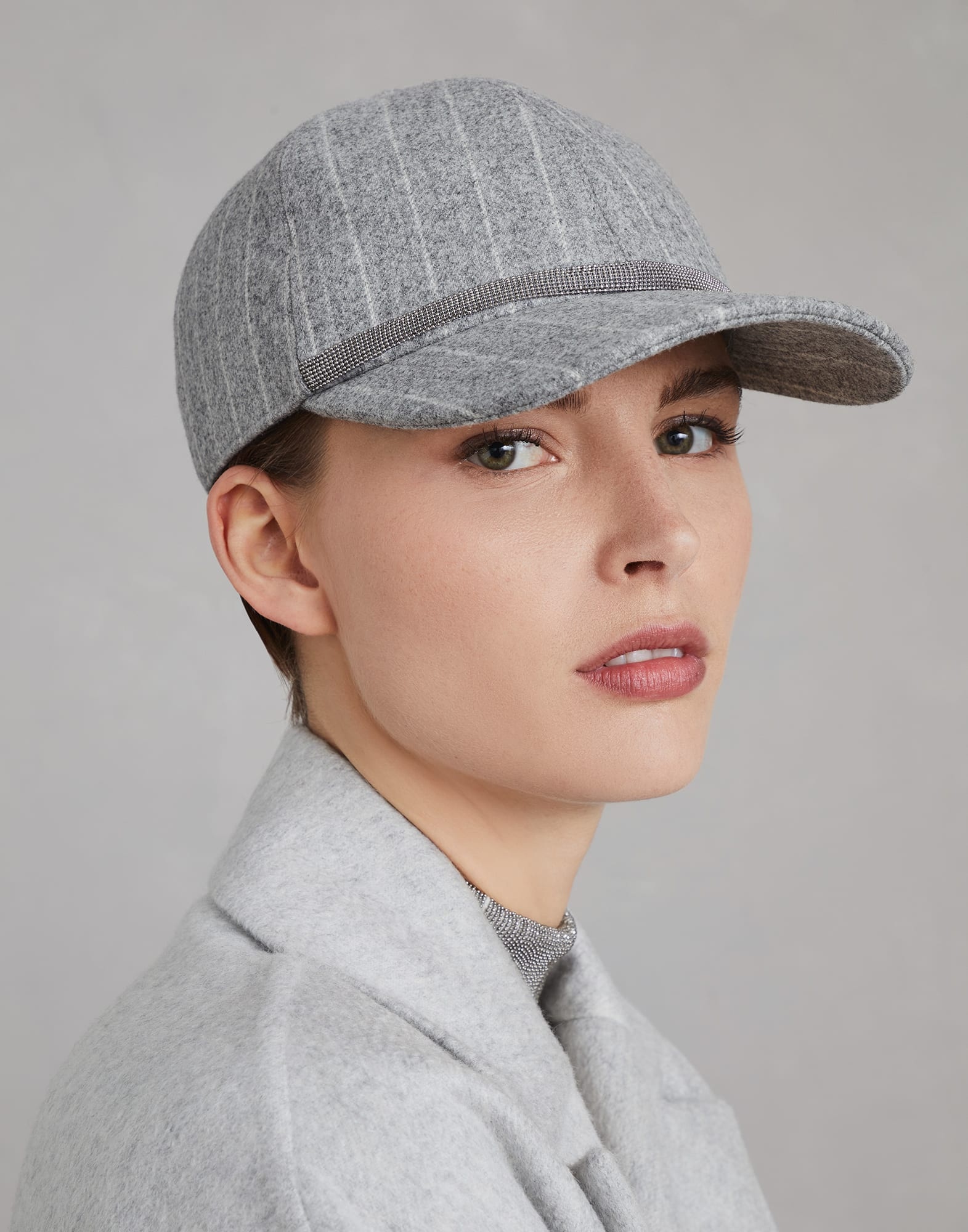Chalk stripe virgin wool flannel baseball cap with shiny band - 3