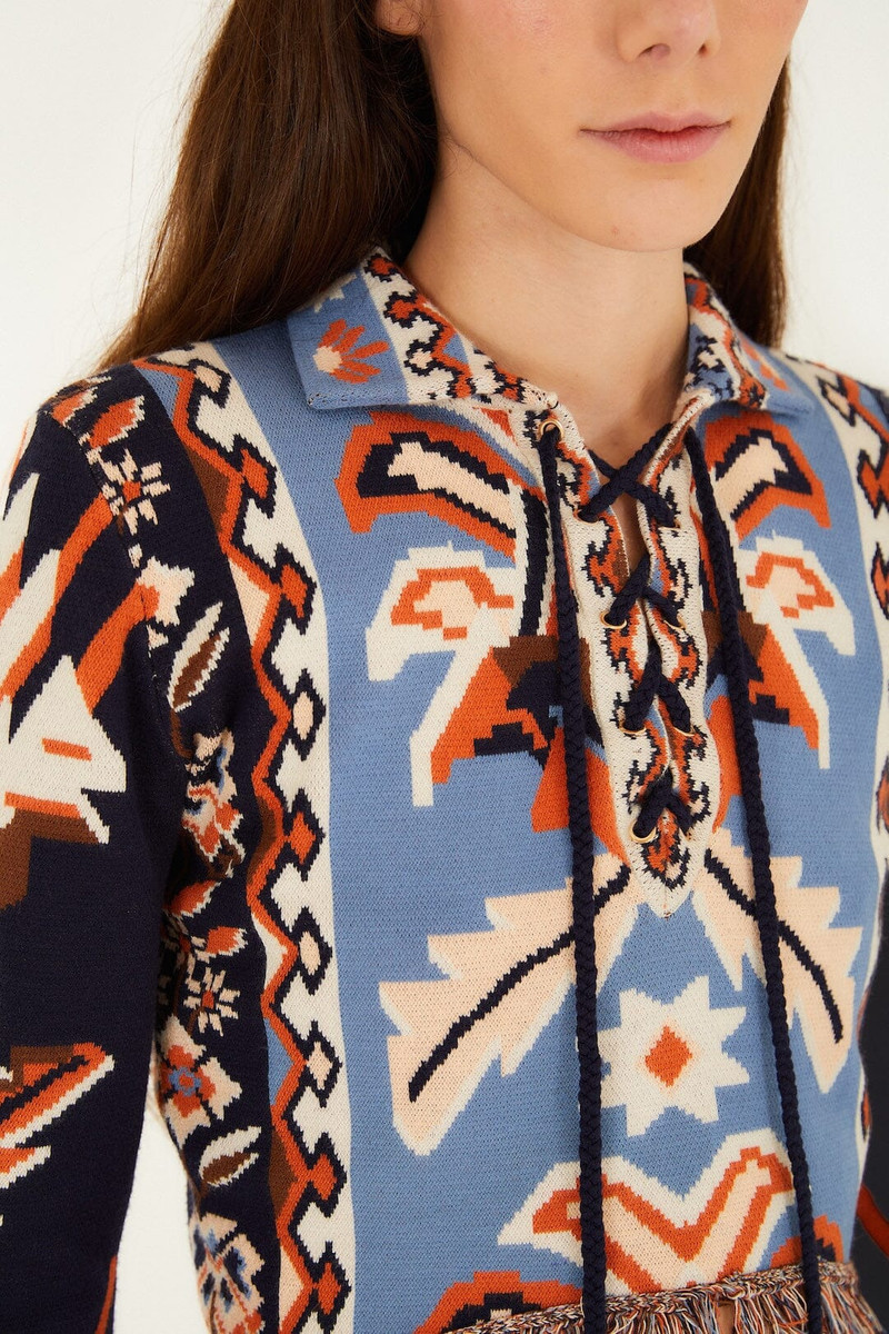 FARM RIO Multicolor Tapestry Fringes Knit Top outlook