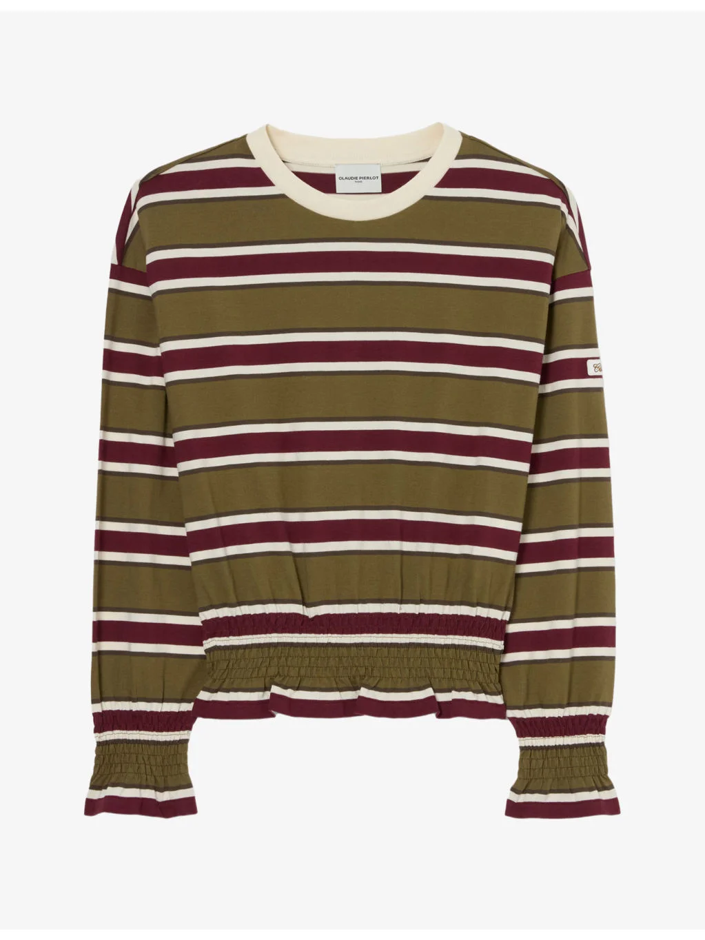 Striped Smocked-Trim Cotton T-Shirt - 1