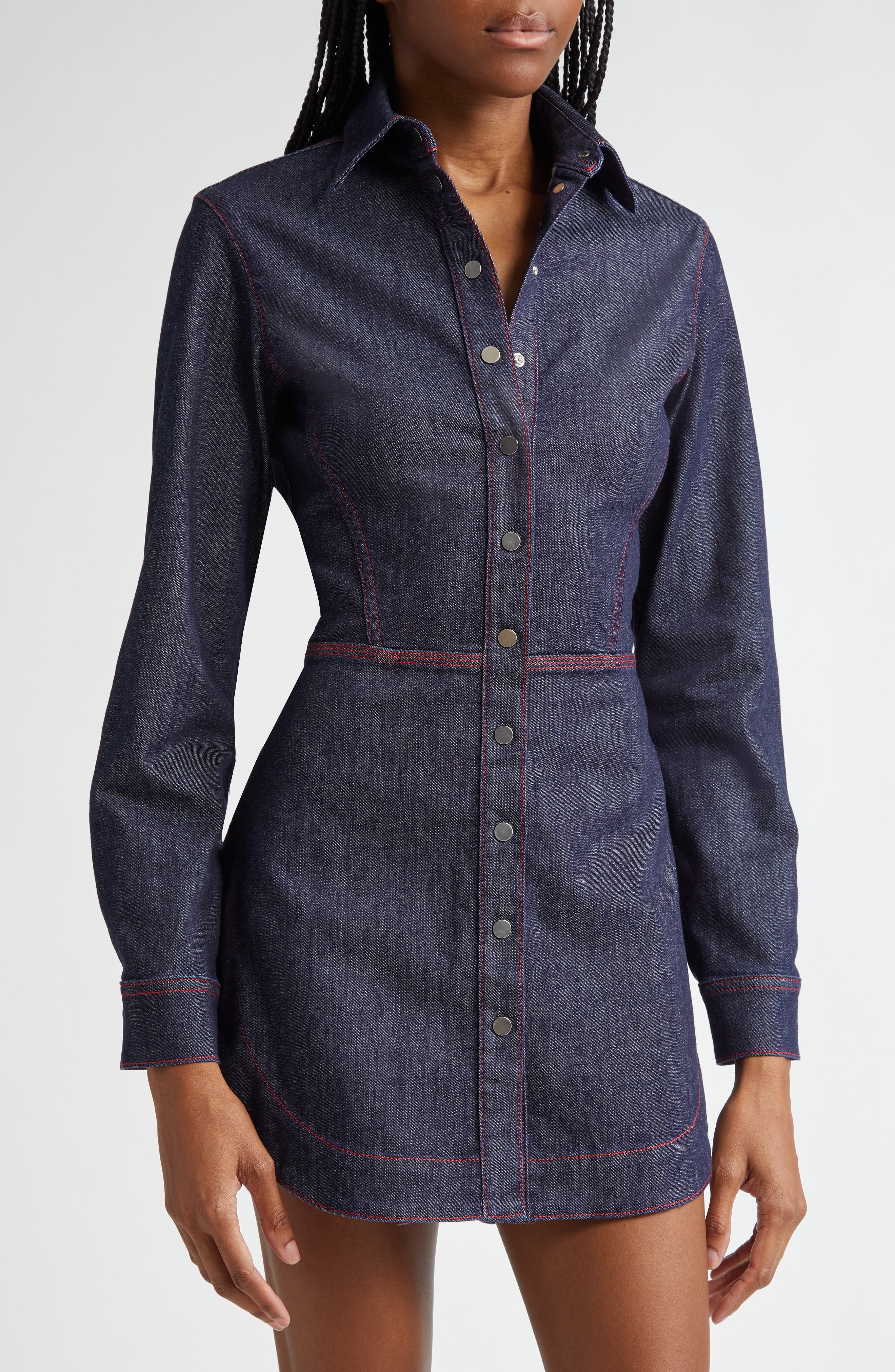 Alaïa Long Sleeve Denim Minidress in Bleu Fonce at Nordstrom - 4