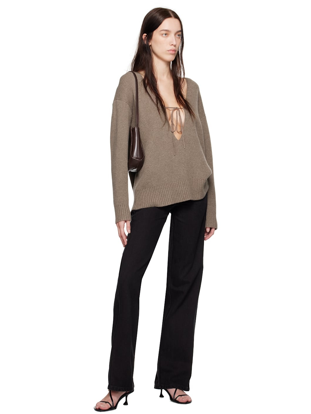 Taupe Cashmere V-Neck Sweater - 4
