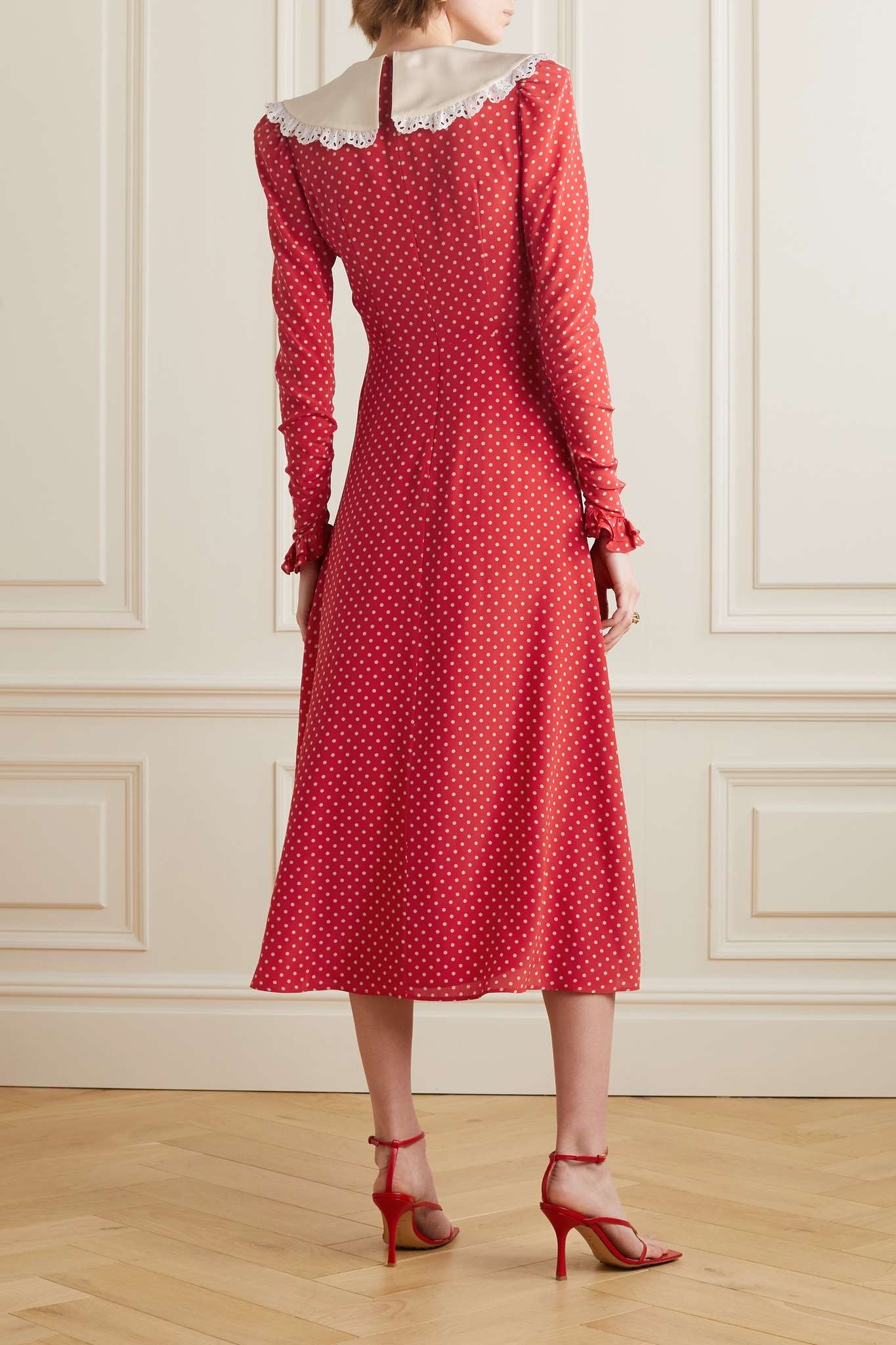 Broderie anglaise-trimmed polka-dot silk crepe de chine midi dress - 4